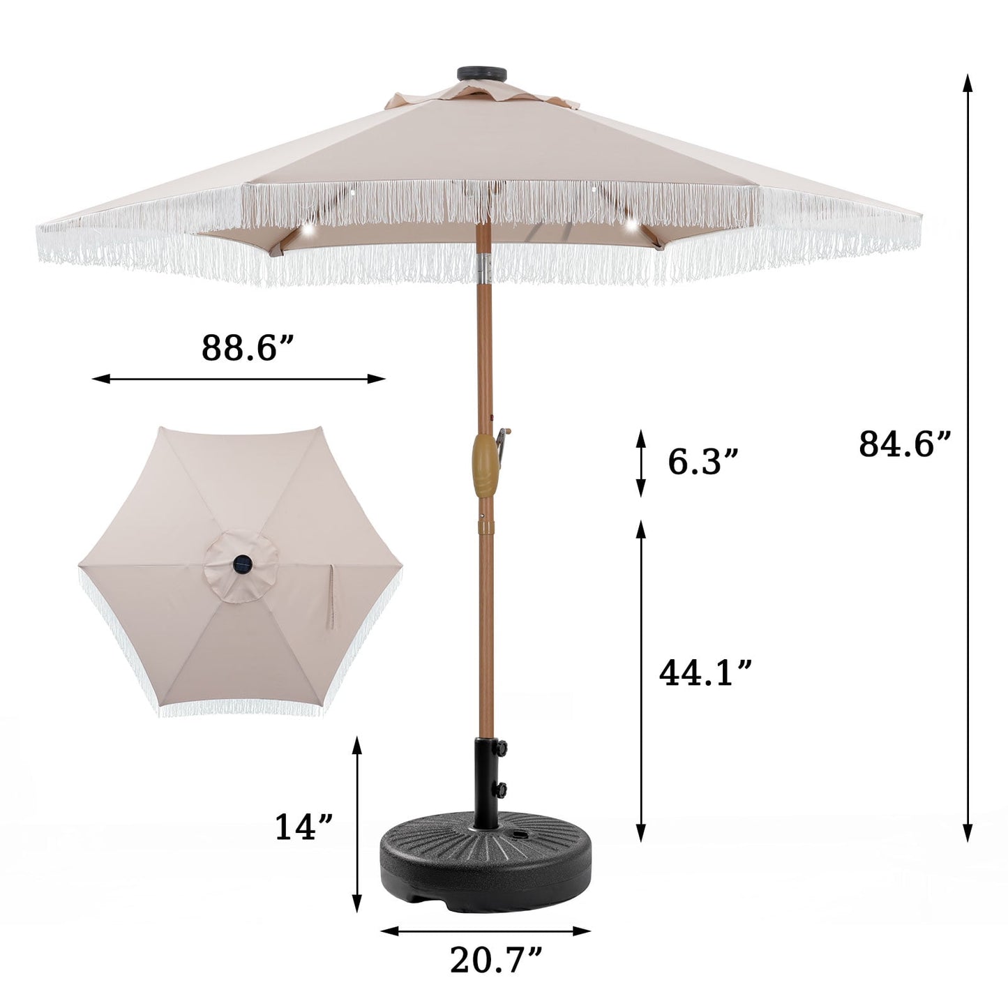 Autlaycil 7.5 ft Fringe Solar Umbrella and Umbrella Base and 3 Piece Outdoor Wicker Furniture Patio Bistro Set, Umbrella Button Tilt, Khaki