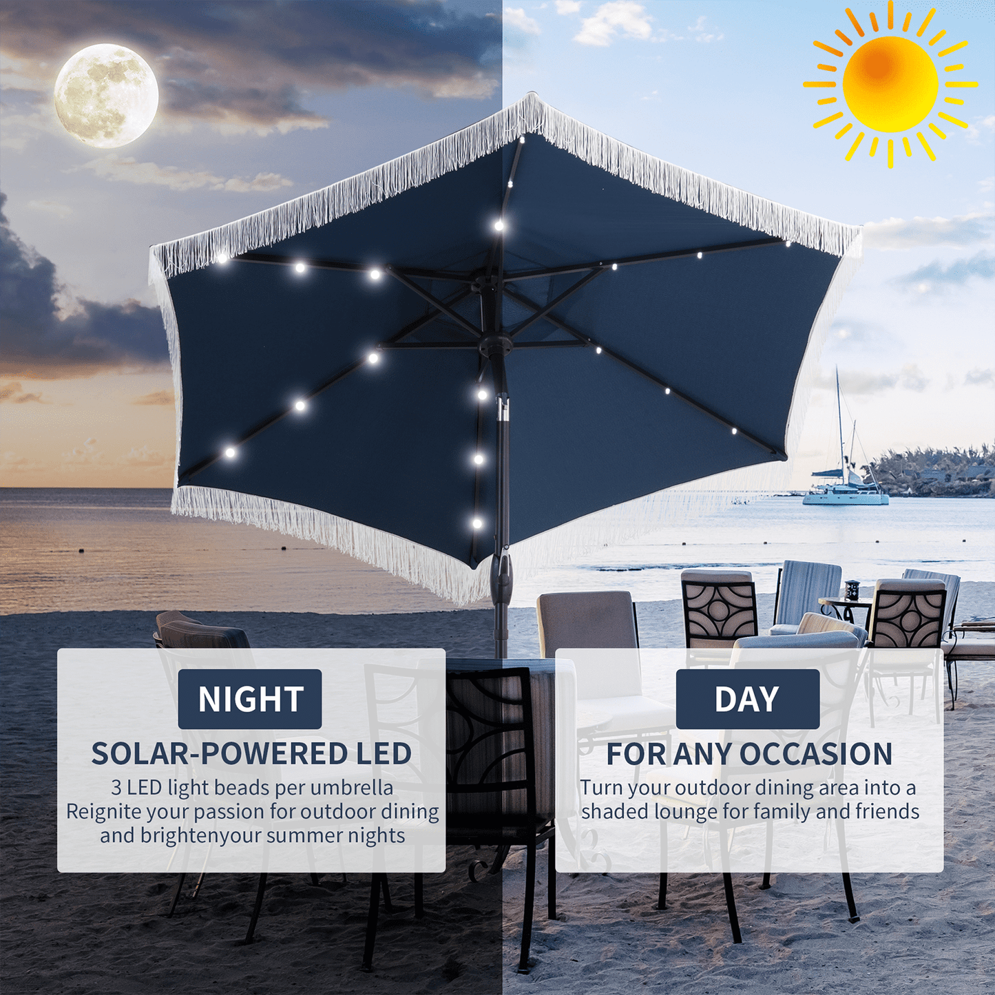 Autlaycil 5 Pcs Patio Outdoor Furniture Sets Contains 2 Textilene Fabric Rocking Bistro Chairs, a Table, a 7.5 ft Fringe Solar Umbrella with Button Tilt and a Umbrella Base, Navy Blue