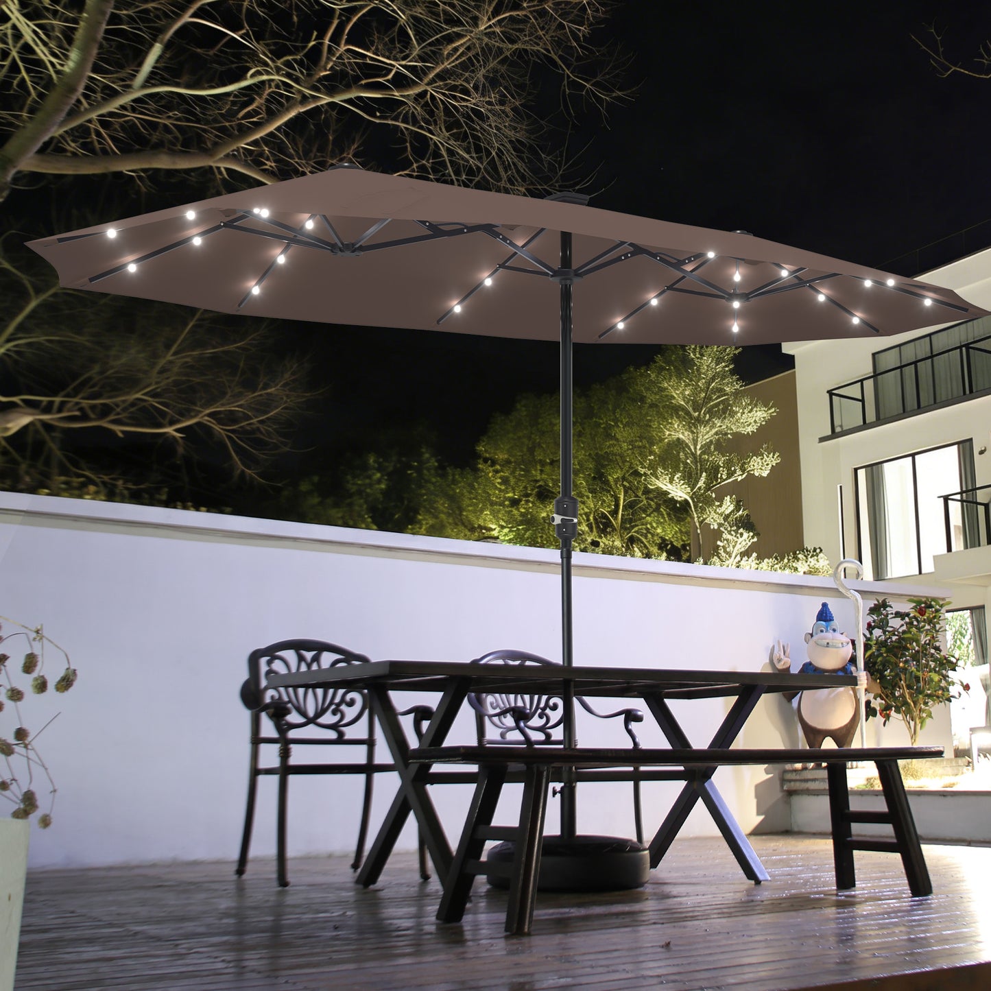 Autlaycil 13ft Solar Patio Umbrella with 36 Solar Powered LED Lights and Crank System for Garden, Deck, Poolside, Outdoor - Coffee