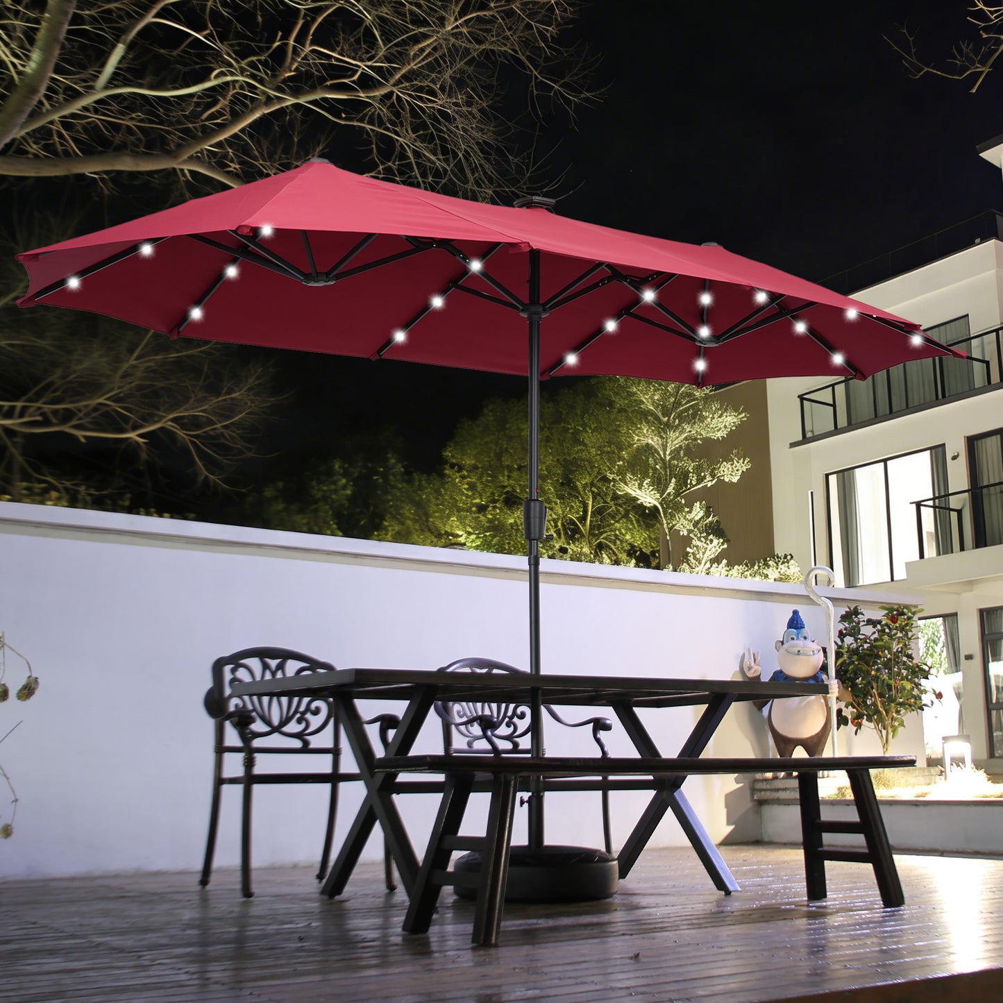 Autlaycil 13ft Solar Patio Umbrella with 36 Solar Powered LED Lights and Crank System for Garden, Deck, Poolside, Outdoor - Red