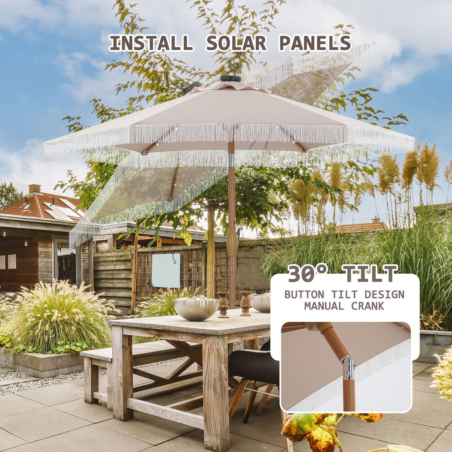 Autlaycil 7.5 ft Patio Tassel Umbrella with Base, 18 LED Lights Solar Umbrella (Khaki)