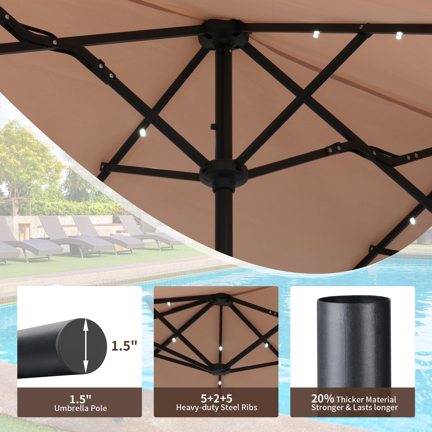 Autlaycil 13 ft Rectangle Patio Umbrella 36 LED lights for Market Patio Solar Umbrella (Khaki)