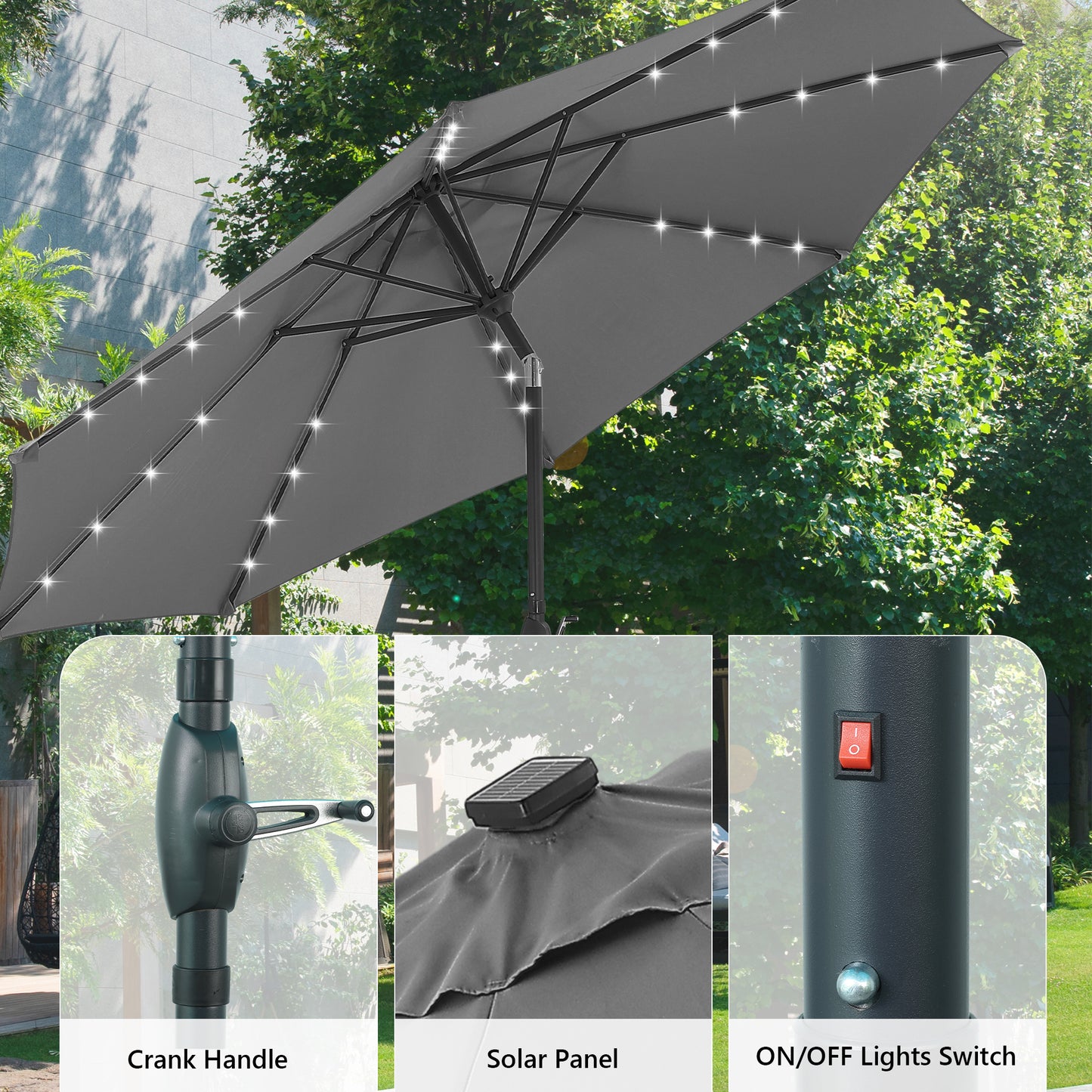Autlaycil 10ft Gray Patio Umbrellas 32 Solar LED Lights Outdoor Market Umbrella with Tilt Crank, Solar Umnrella
