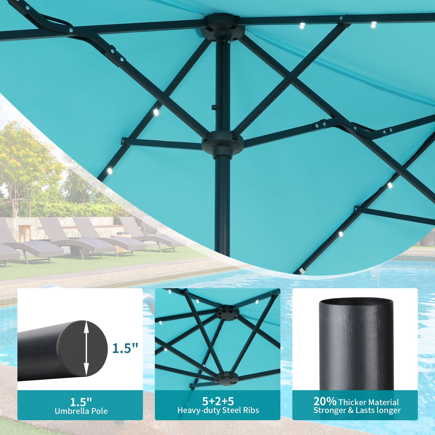 Autlaycil 13 ft Rectangle Patio Umbrella with Umbrella Base 36 LED lights for Market Patio Solar Umbrella (Blue)