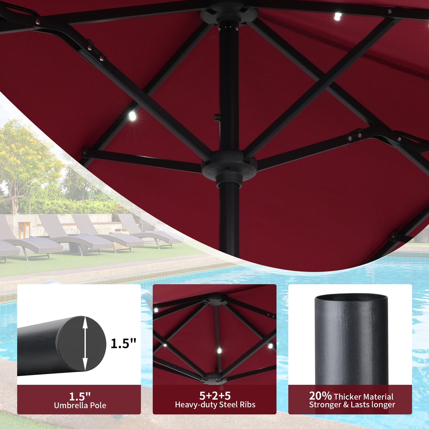 Autlaycil 13 ft Rectangle Patio Umbrella with Umbrella Base 36 LED lights for Market Patio Solar Umbrella (Red)