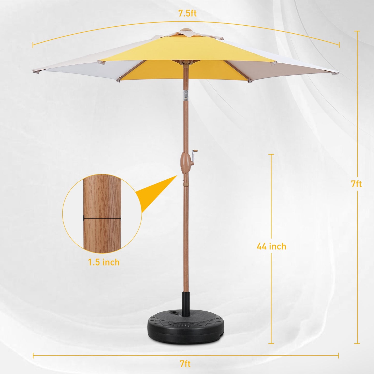 Autlaycil 7.5ft Patio Umbrella with Base and Button Tilt Sun Shelter UV Protection Beach for Market, Beach, Patio, Pool, Garden Backyard (Yellow/Khaki/White)