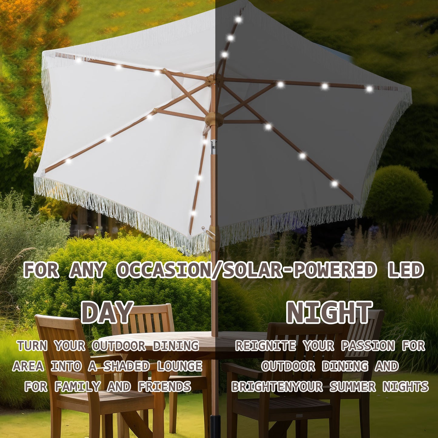 Autlaycil 7.5 ft Patio Umbrella with Tassel Fringe Stylish, 18 LED Lights Solar Umbrella (White)