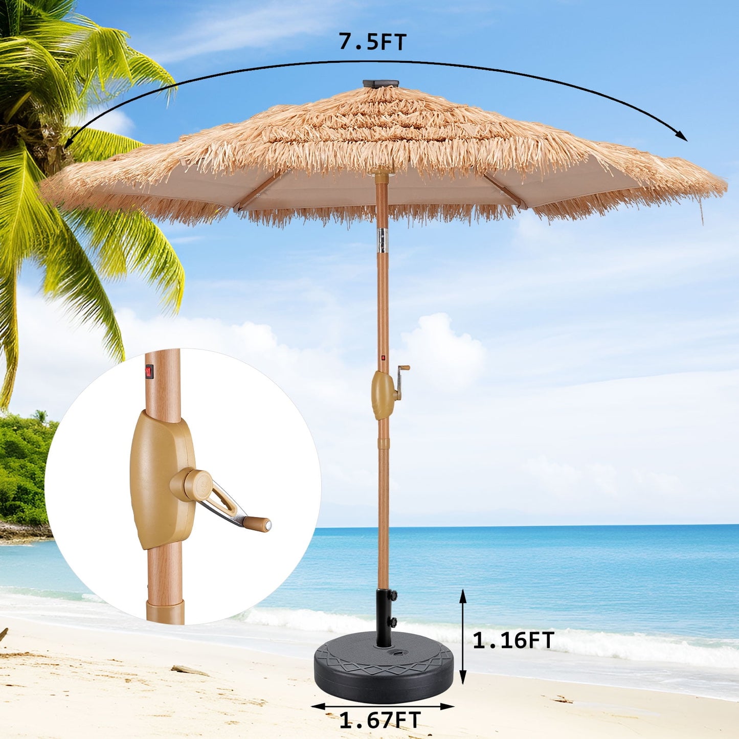 Autlaycil 7.5FT Grass Tiki Patio Umbrella Outdoor Table Umbrella with Push Button Tilt and Crank, 18 LED Lights, Contain Umbrella Base