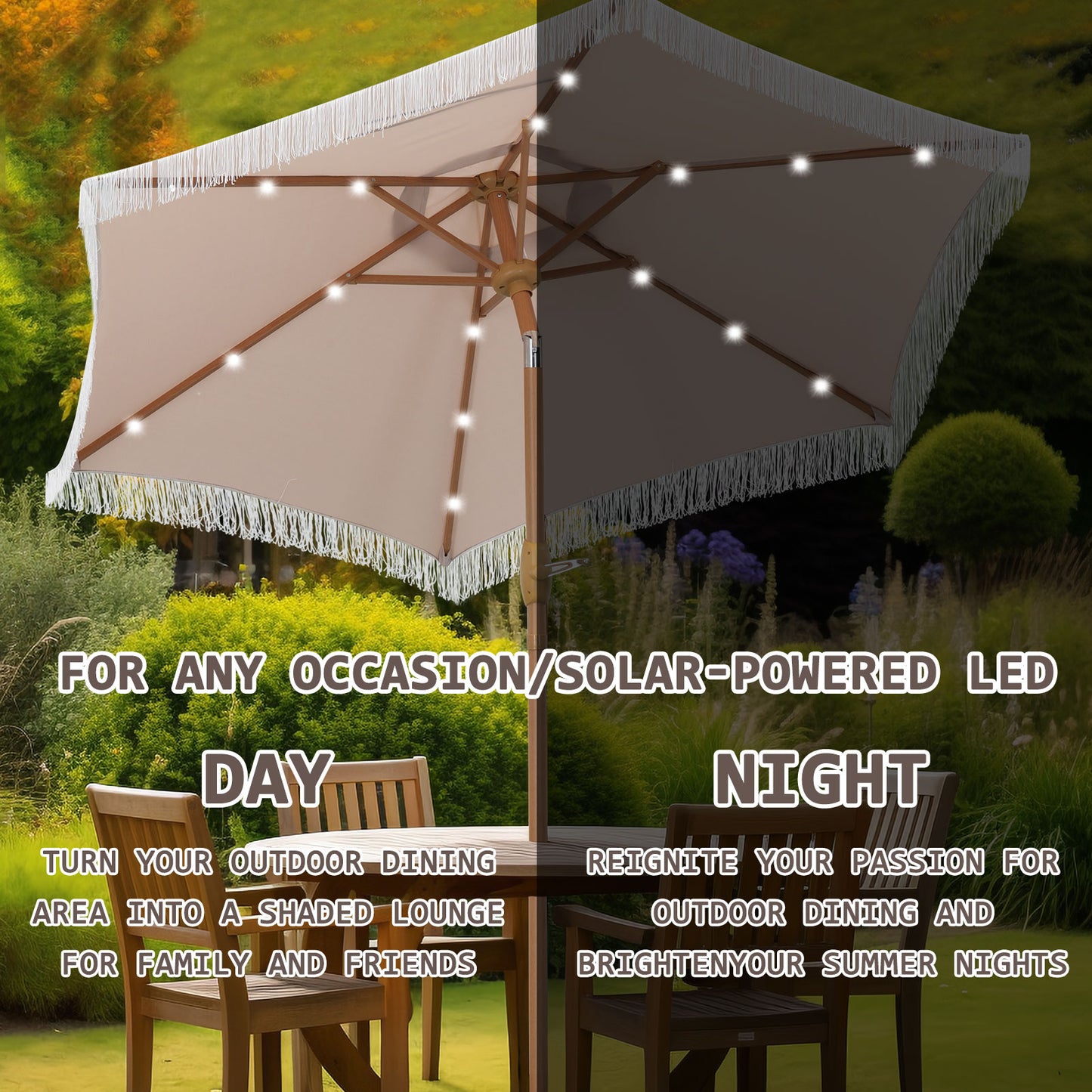 Autlaycil 7.5 ft Patio Umbrella with Tassel Fringe Stylish, 18 LED Lights Solar Umbrella (Khaki)