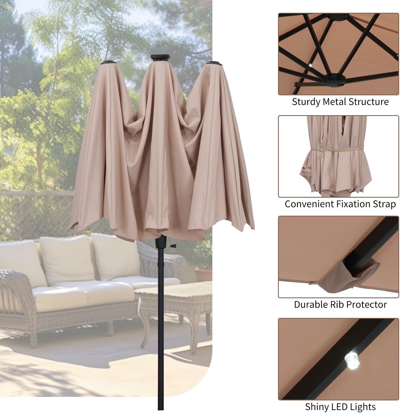 Autlaycil 13 ft Rectangle Patio Umbrella 36 LED lights for Market Patio Solar Umbrella (Khaki)