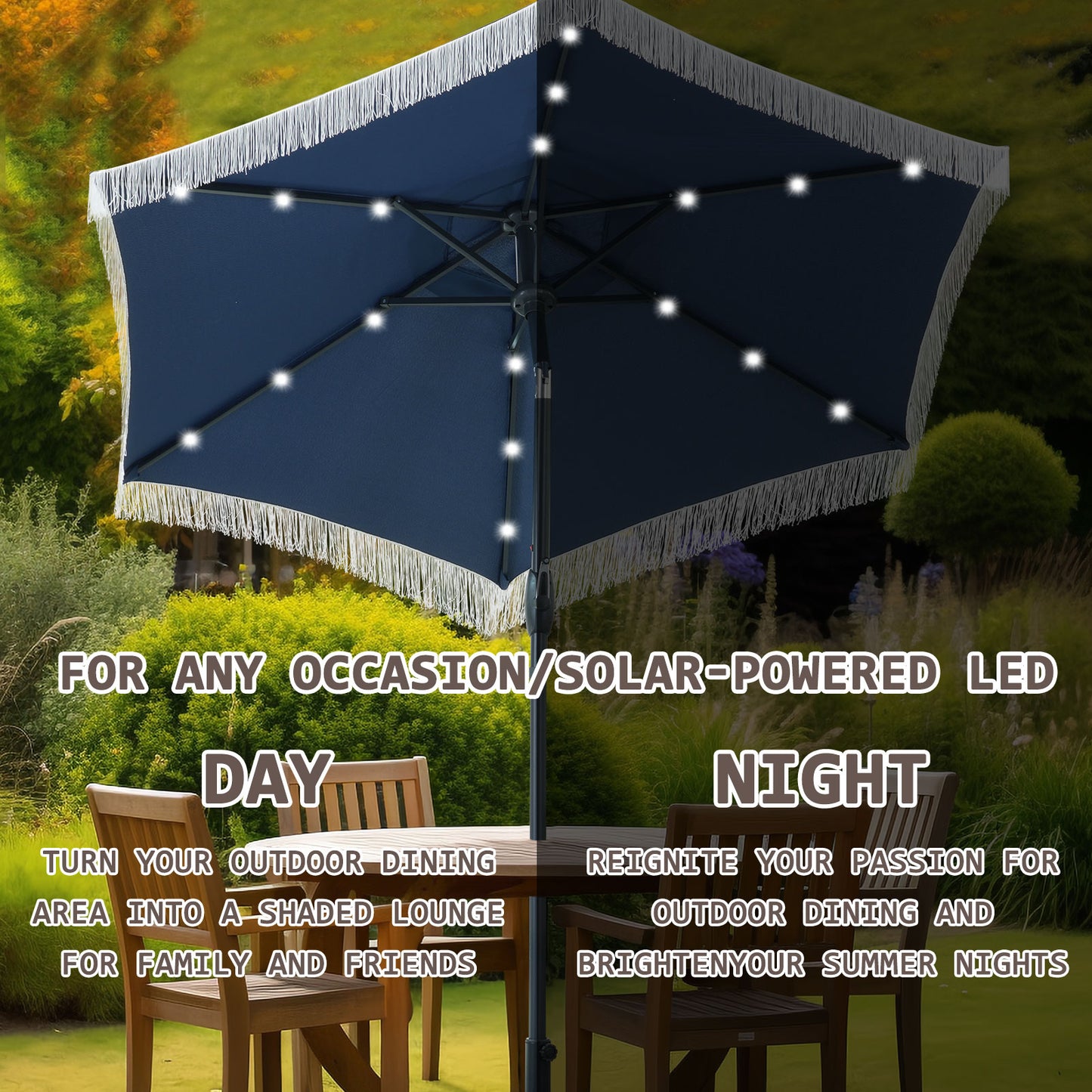 Autlaycil 7.5 ft Patio Umbrella with Tassel Fringe Stylish, 18 LED Lights Solar Umbrella (Navy Blue)