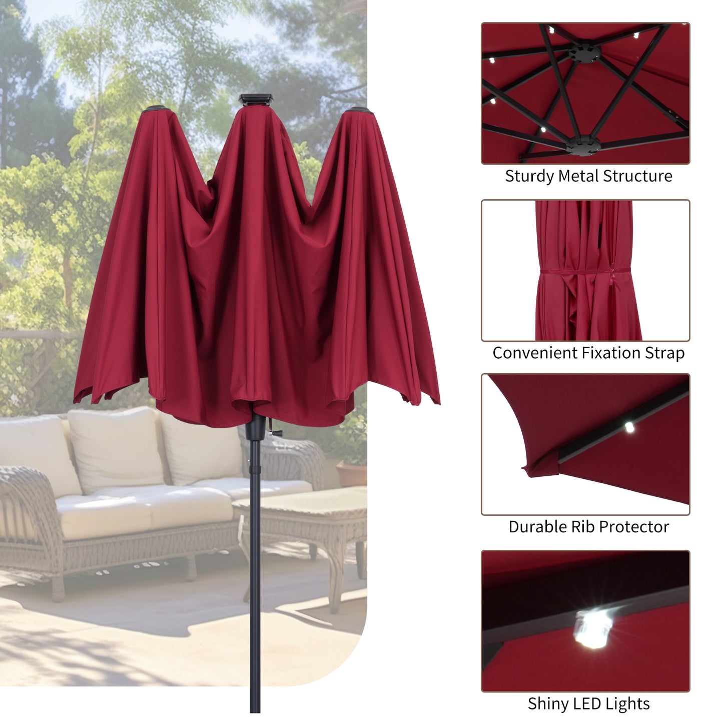 Autlaycil 13 ft Rectangle Patio Umbrella with Umbrella Base 36 LED lights for Market Patio Solar Umbrella (Red)