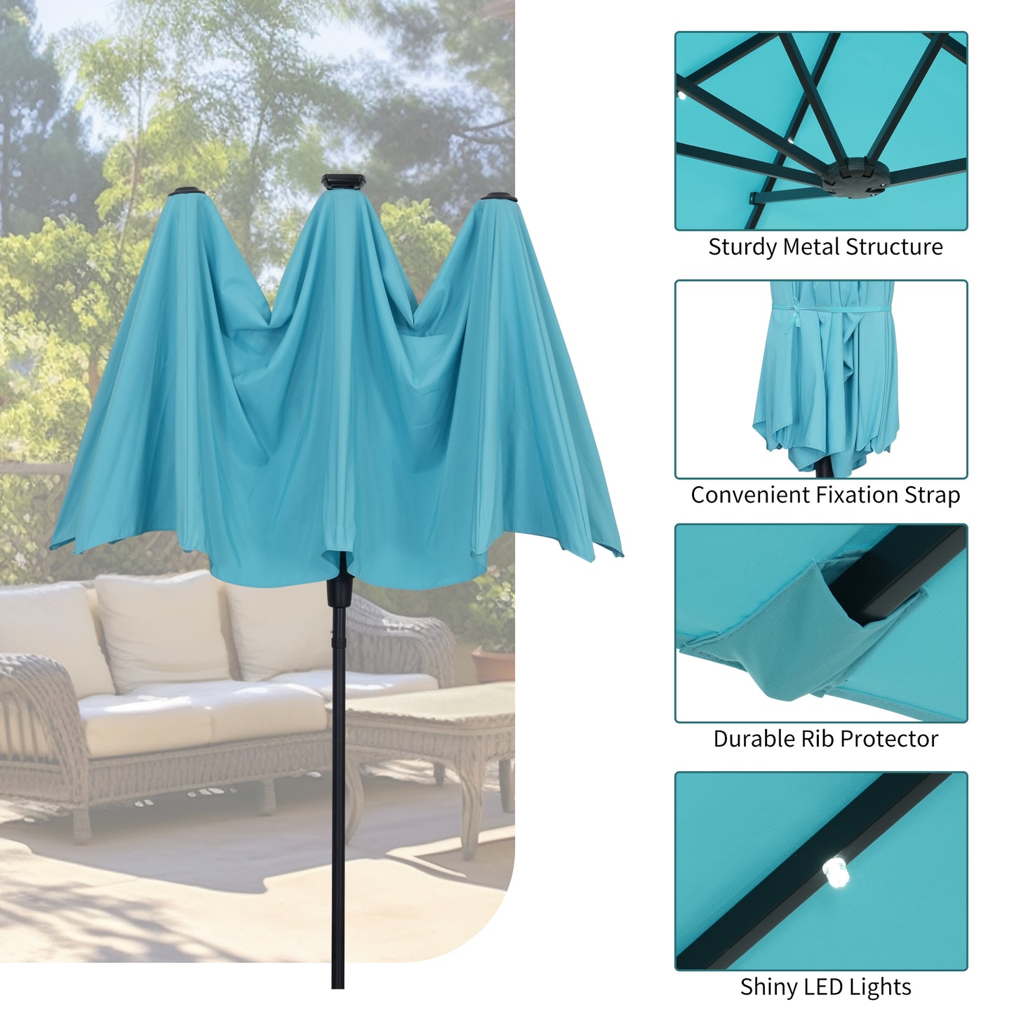 Autlaycil 13 ft Rectangle Patio Umbrella with Umbrella Base 36 LED lights for Market Patio Solar Umbrella (Blue)
