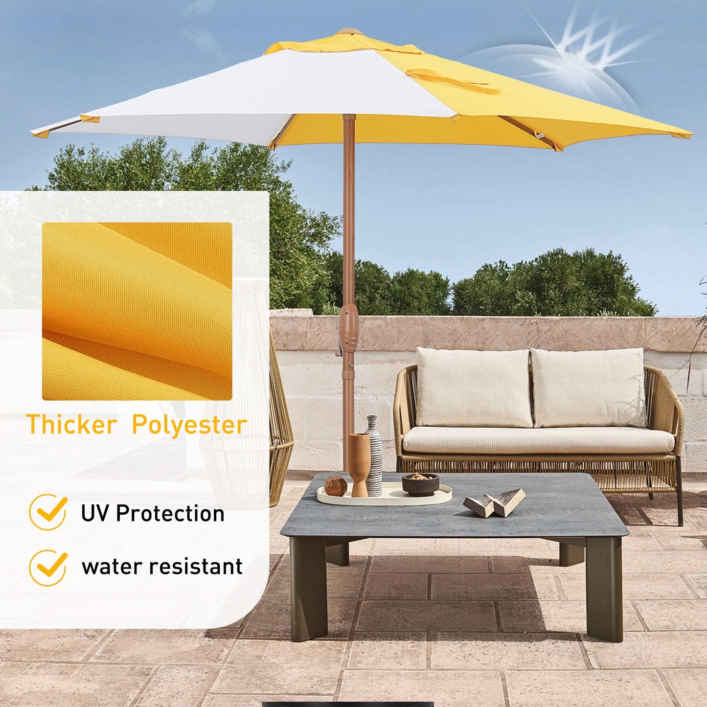 Autlaycil 7.5ft Patio Umbrella with Umbrella Base, Sun Shelter UV Protection Sunshade for Market, Beach, Patio, Pool, Garden Backyard (Yellow and White)