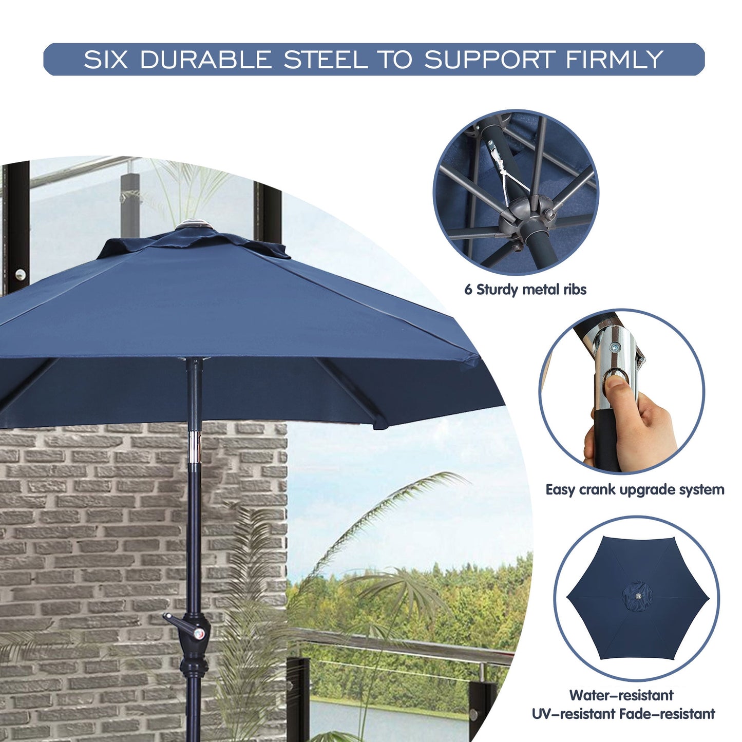 Autlaycil 9ft Outdoor Patio Umbrella 6 Ribs with Tilt and Crank Patio Table Umbrella, Navy Blue