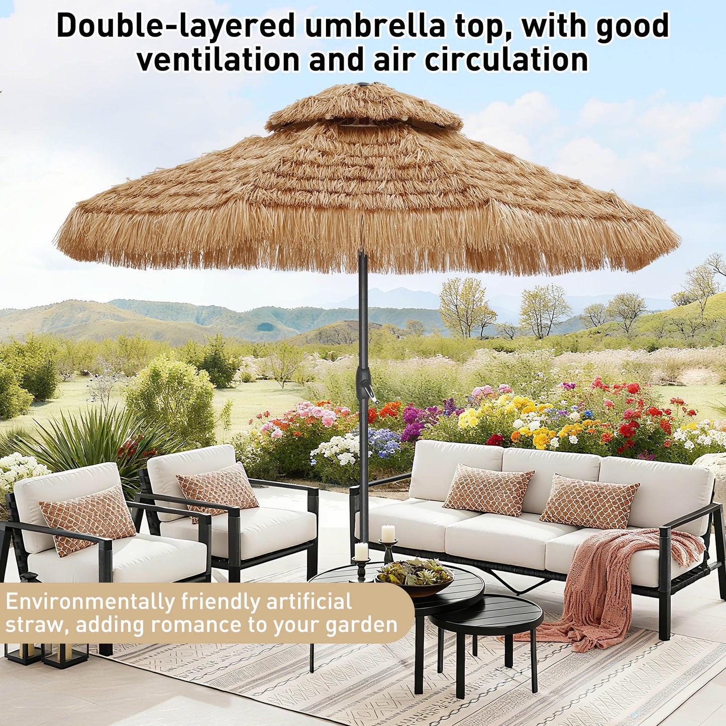 Autlaycil 9 ft Hula Tiki Outdoor Umbrella, 2-Tier Thatched Beach Umbrella, Pool, Patio, Yard, Garden