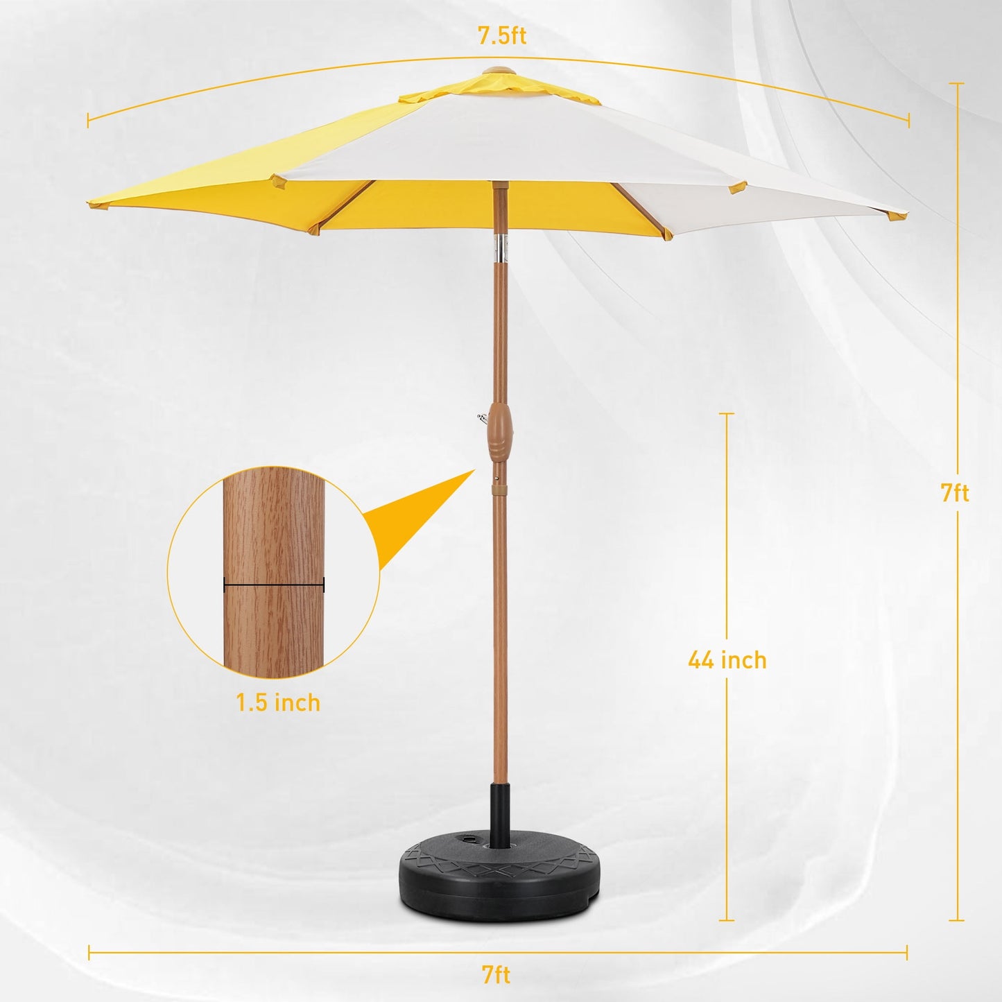Autlaycil 7.5ft Patio Umbrella with Base and Button Tilt Sun Shelter UV Protection Beach for Market, Beach, Patio, Pool, Garden Backyard (Yellow and White)