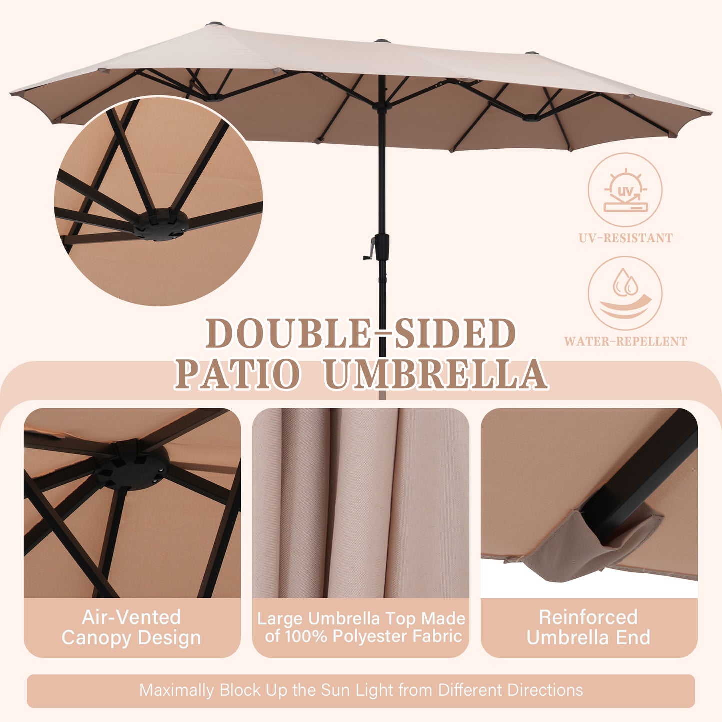 Autlaycil 13 ft Rectangle Patio Umbrella with Crank, Outdoor Market Umbrella with Umbrella Base (Khaki)