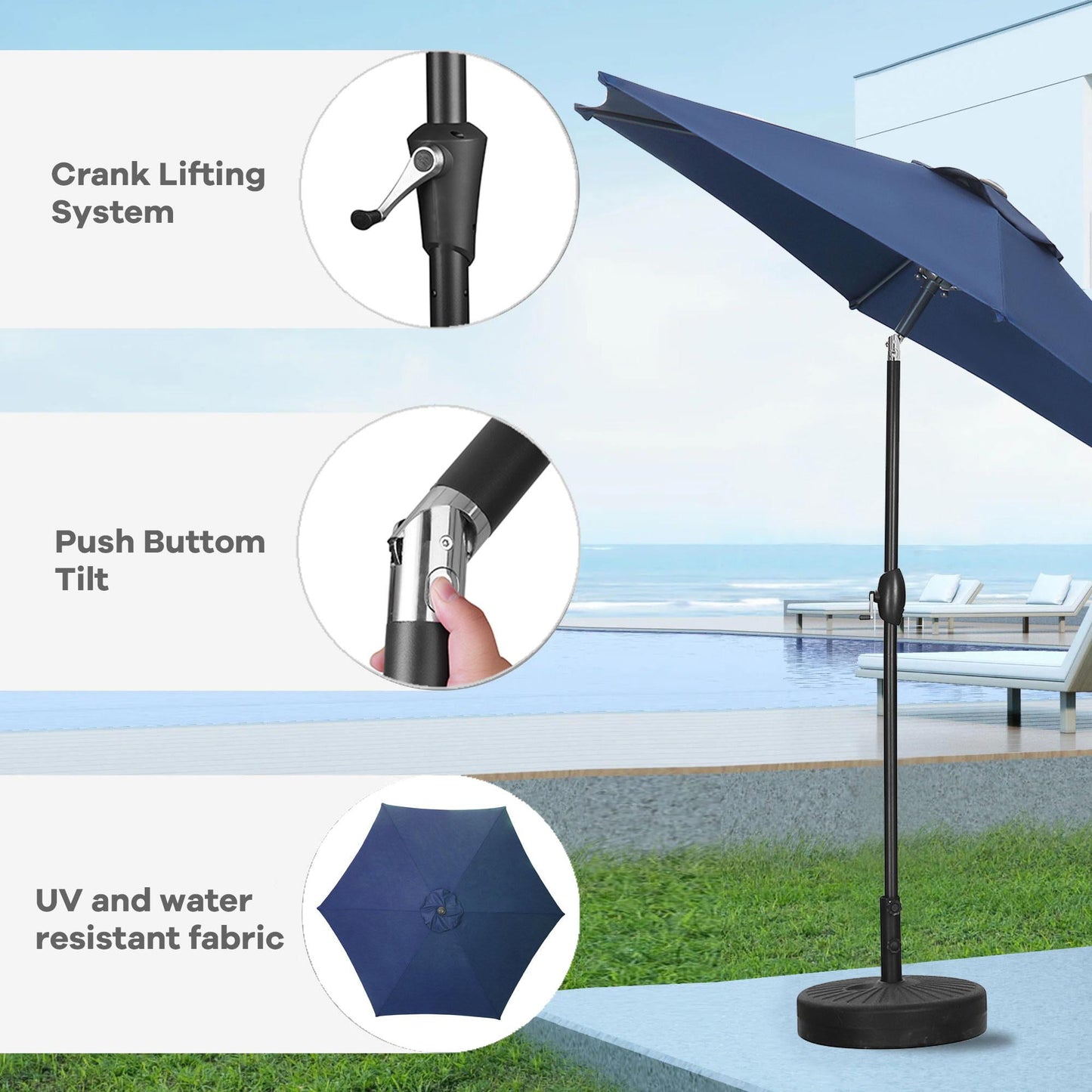 Autlaycil Patio Umbrella 9FT Outdoor Umbrella with Tilt, Crank and Umbrella Base, Adjustable Outdoor Market Umbrella for Garden, Lawn, Backyard and Pool-Navy Blue
