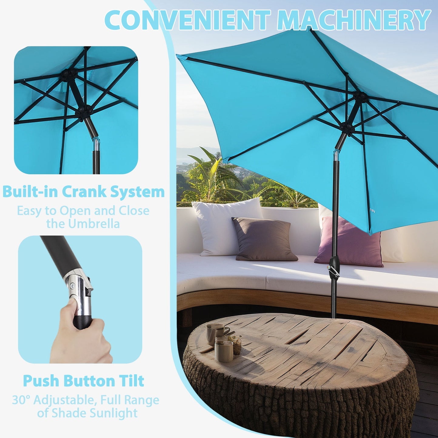 Autlaycil 9ft Outdoor Patio Umbrella 6 Ribs with Tilt and Crank Patio Table Umbrella, Blue