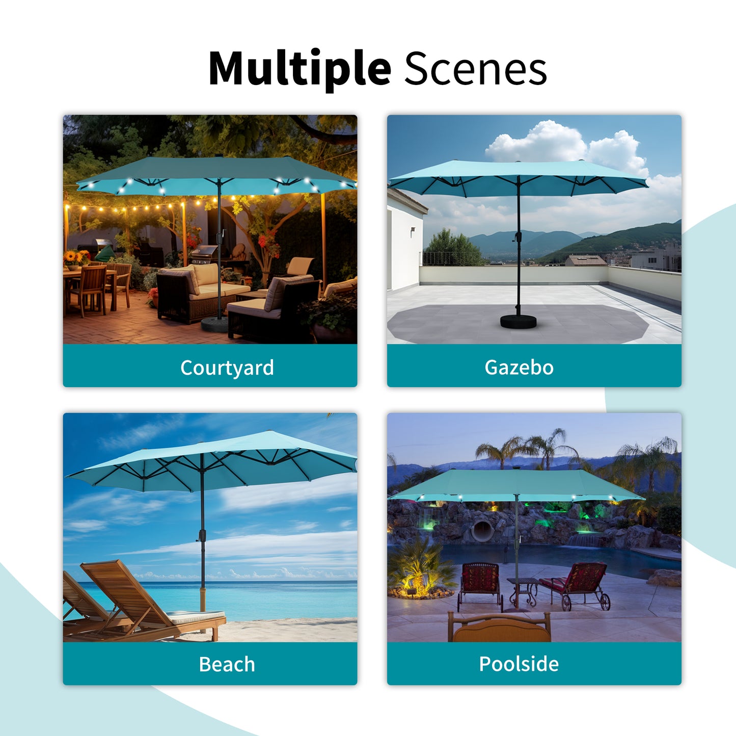 Autlaycil 13 ft Rectangle Patio Umbrella with Umbrella Base 36 LED lights for Market Patio Solar Umbrella (Blue)