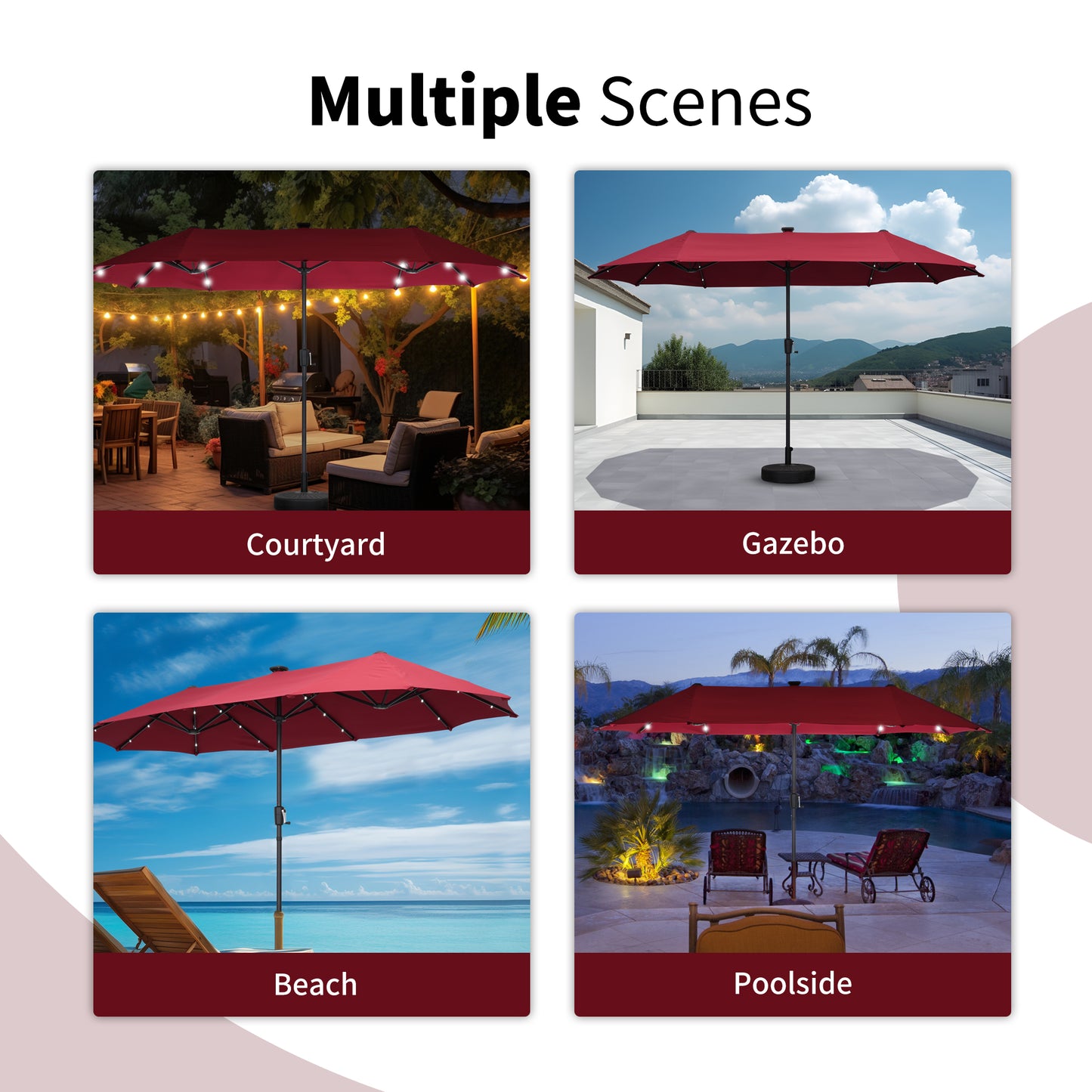 Autlaycil 13 ft Rectangle Patio Umbrella with Umbrella Base 36 LED lights for Market Patio Solar Umbrella (Red)
