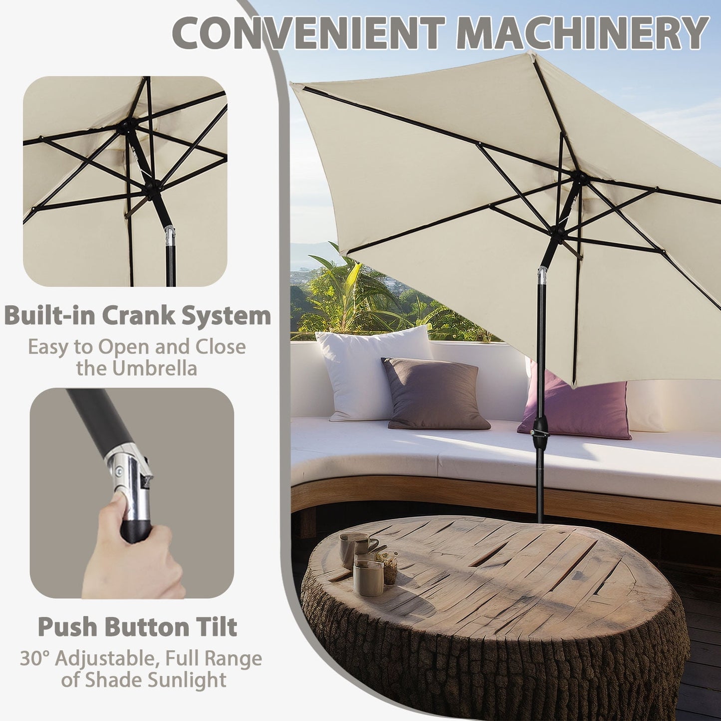 Autlaycil 9ft Outdoor Patio Umbrella 6 Ribs with Tilt and Crank Patio Table Umbrella, White