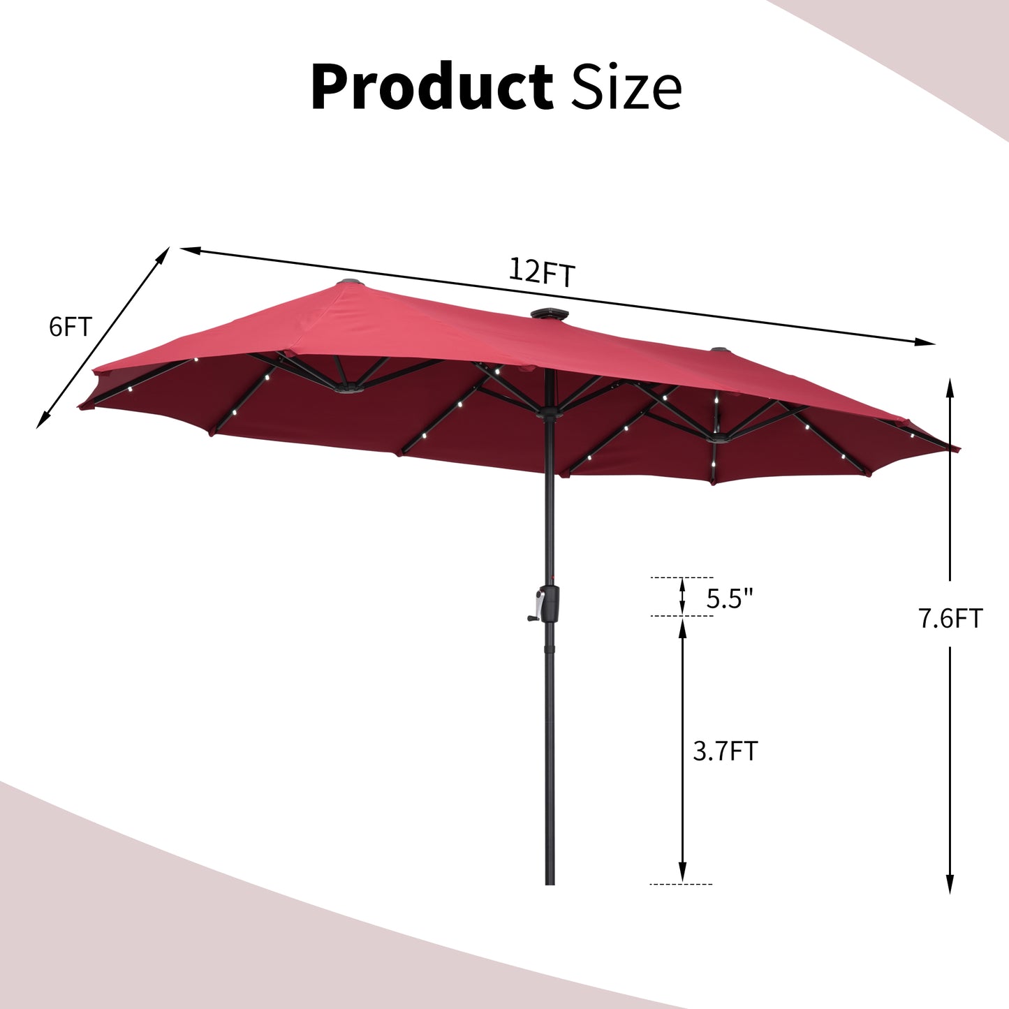 Autlaycil 13 ft Rectangle Patio Umbrella with Umbrella Base 36 LED lights for Market Patio Solar Umbrella (Red)