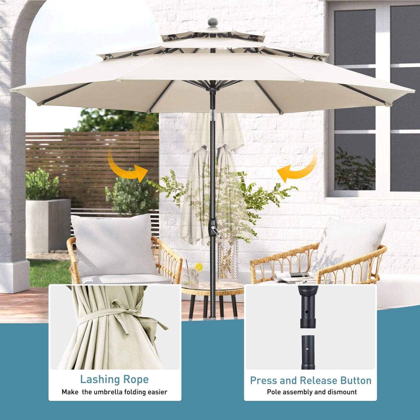 Autlaycil 10 ft Patio Umbrella with Base 3 Tiers Adjustable Outdoor Market Umbrella with Crank for Beach Pool (Khaki)