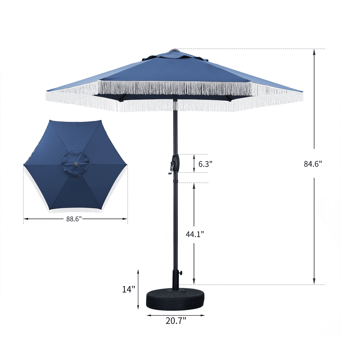 Autlaycil 7.5 ft Fringe Patio Umbrella and Umbrella Base and 3 Piece Outdoor Wicker Furniture Patio Bistro Set, Umbrella Button Tilt, Navy Blue