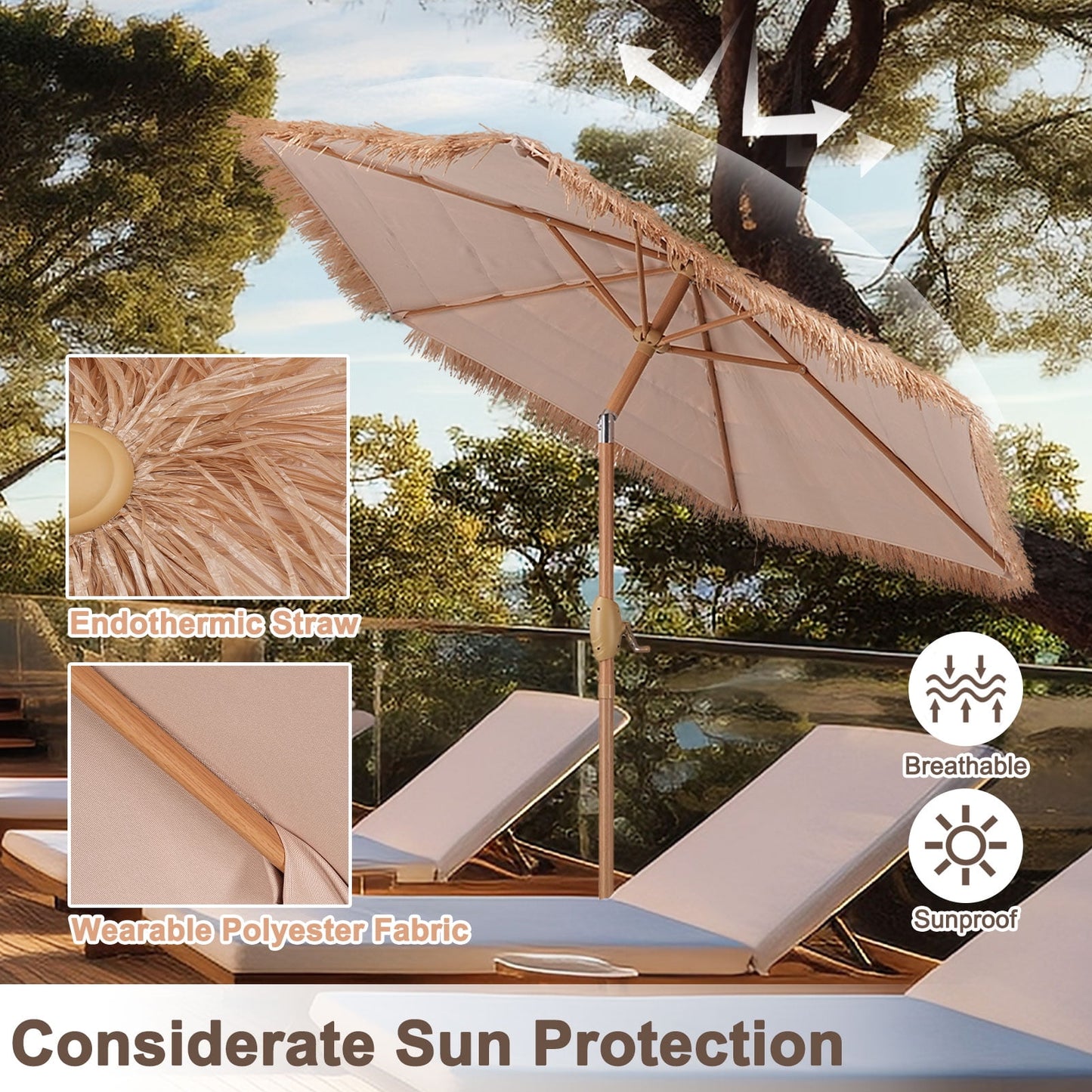 Autlaycil 7.5FT Grass Tiki Patio Umbrella Outdoor Table Umbrella with Push Button Tilt and Crank, Contain Umbrella Base