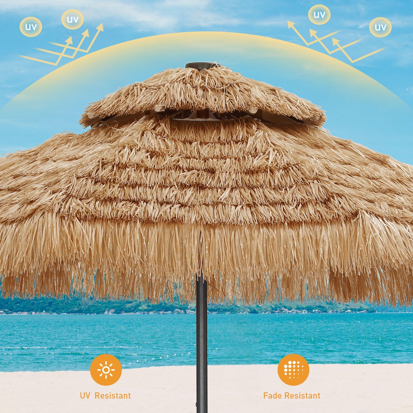 Autlaycil 9FT Grass Tiki Patio Umbrella Outdoor Table Umbrella with Push Button Tilt and Crank, 32 LED Lights, Contain Umbrella Base