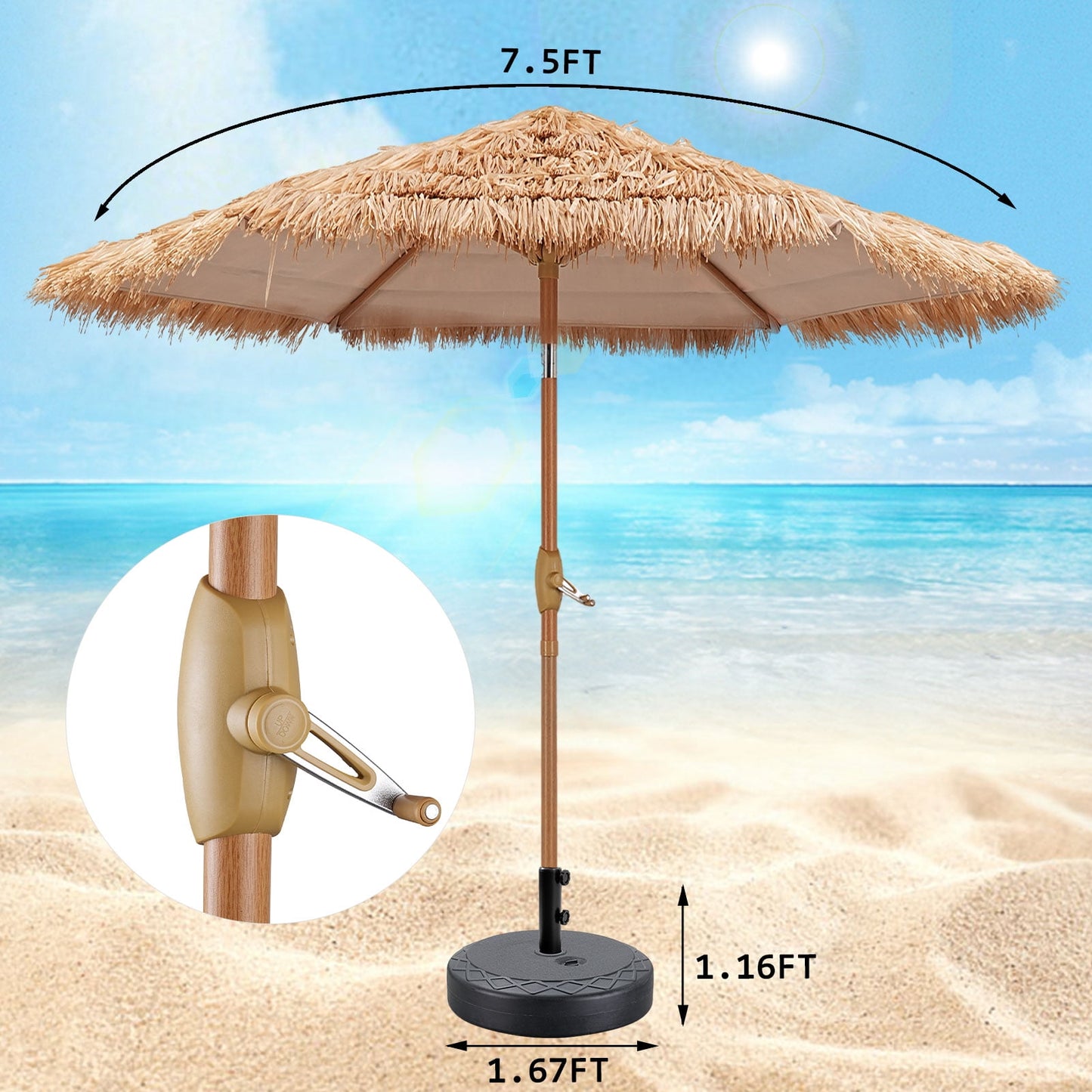 Autlaycil 7.5FT Grass Tiki Patio Umbrella Outdoor Table Umbrella with Push Button Tilt and Crank, Contain Umbrella Base