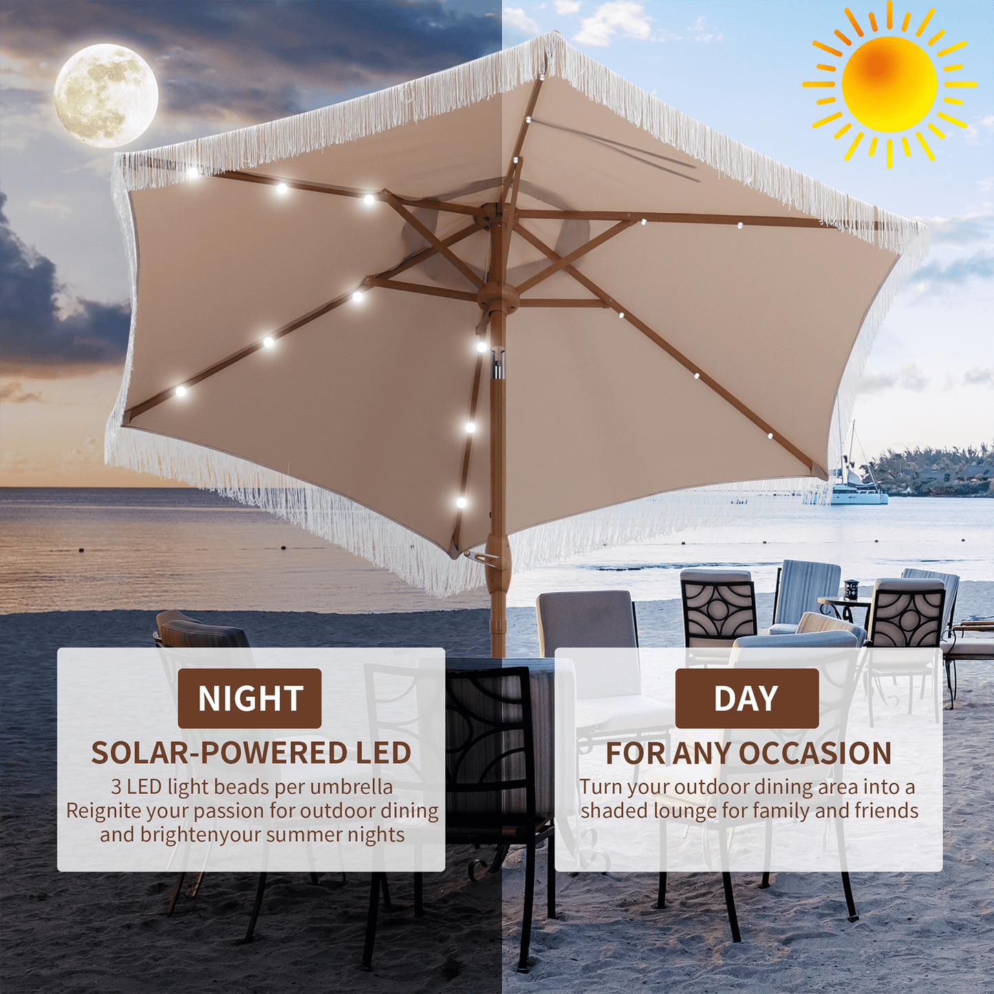 Autlaycil 5 Pcs Patio Outdoor Furniture Sets Contains 2 Textilene Fabric Rocking Bistro Chairs, a Table, a 7.5 ft Fringe Solar Umbrella with Button Tilt and a Umbrella Base, Khaki