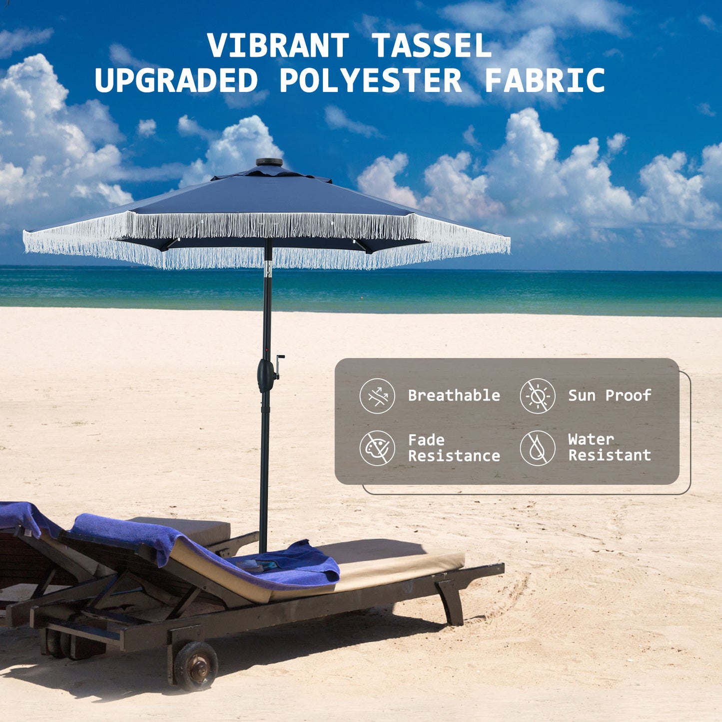Autlaycil 7.5 ft Patio Tassel Umbrella with Base, 18 LED Lights Solar Umbrella (Navy Blue)