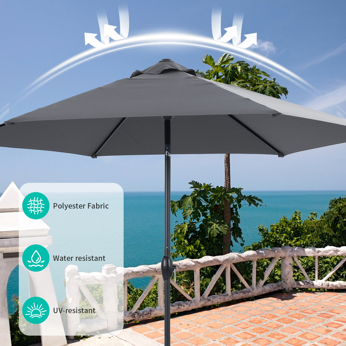 Autlaycil 10ft Gray Patio Umbrella with 3-Tier Windproof Stable Frame, Spider-arm Structure for Pool, Yard, Garden, Deck, Outdoor