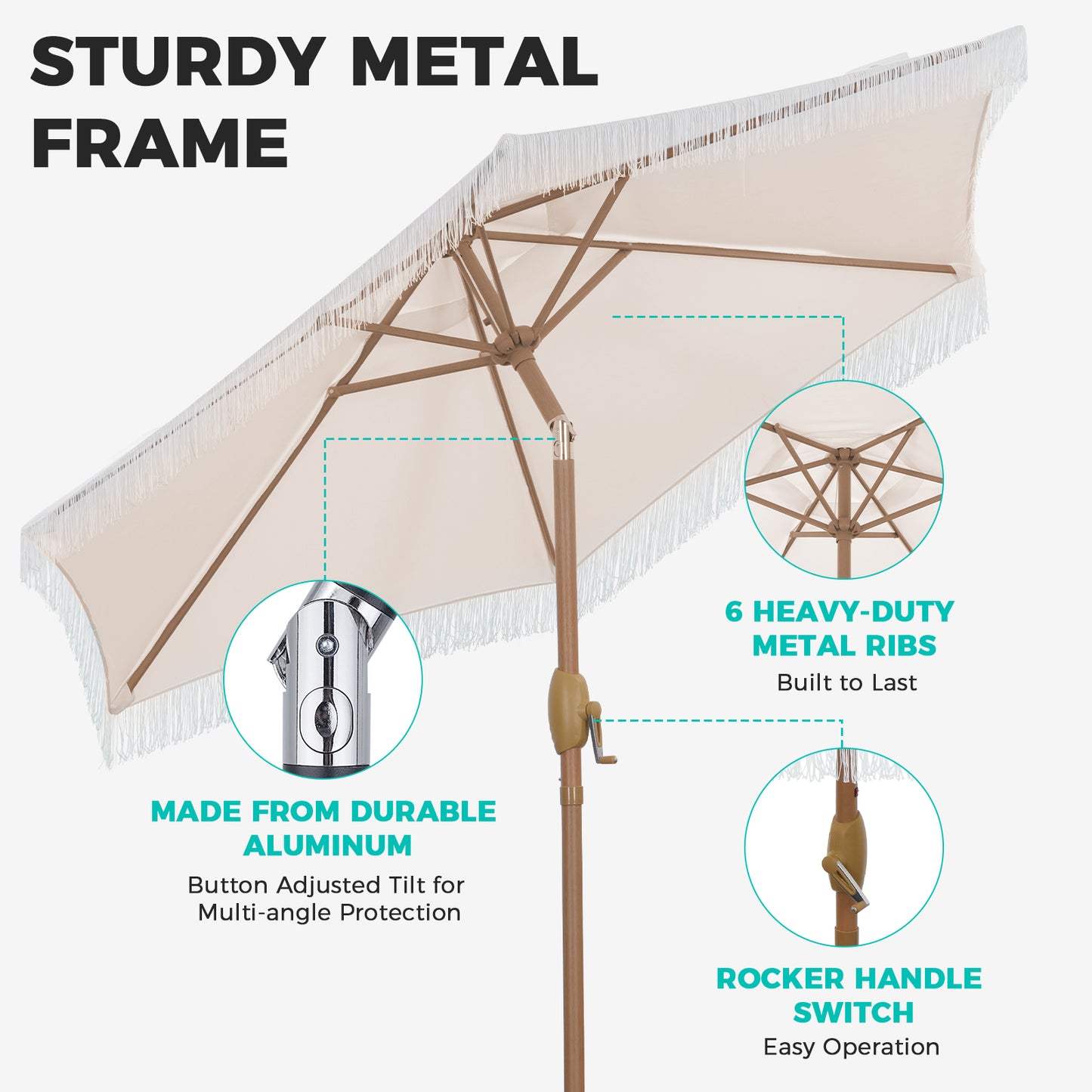 Autlaycil 7.5 ft Fringe Patio Umbrella for Beach, Pool, Adjustable Outdoor Market Umbrellas,Tassel Stylish - Beige