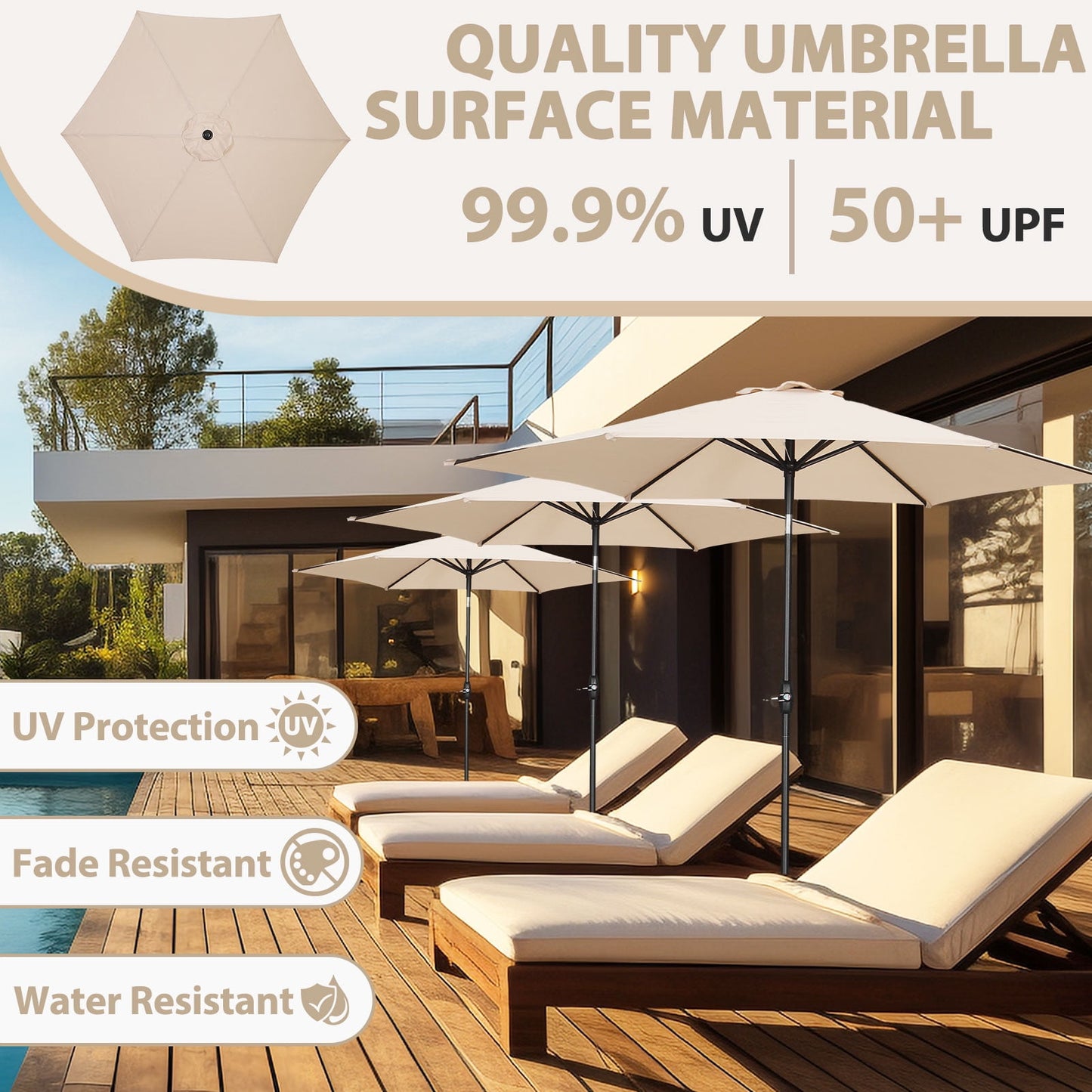 Autlaycil 9ft Outdoor Patio Umbrella 6 Ribs with Tilt and Crank Patio Table Umbrella, Khaki