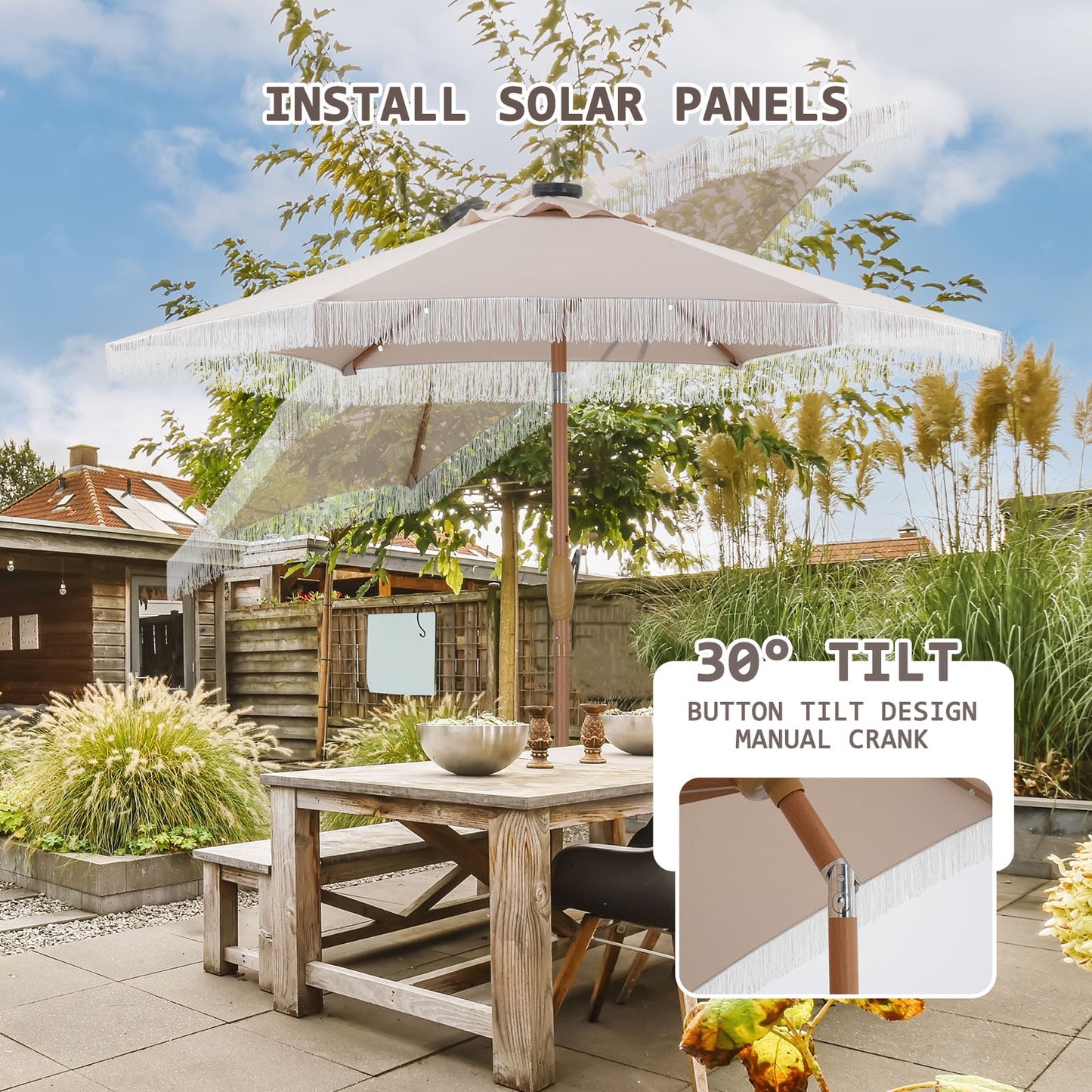 Autlaycil 7.5 ft Beige Tassel Patio Umbrella with Base, 18 LED Lights Solar, and Push Button Tilt and Crank