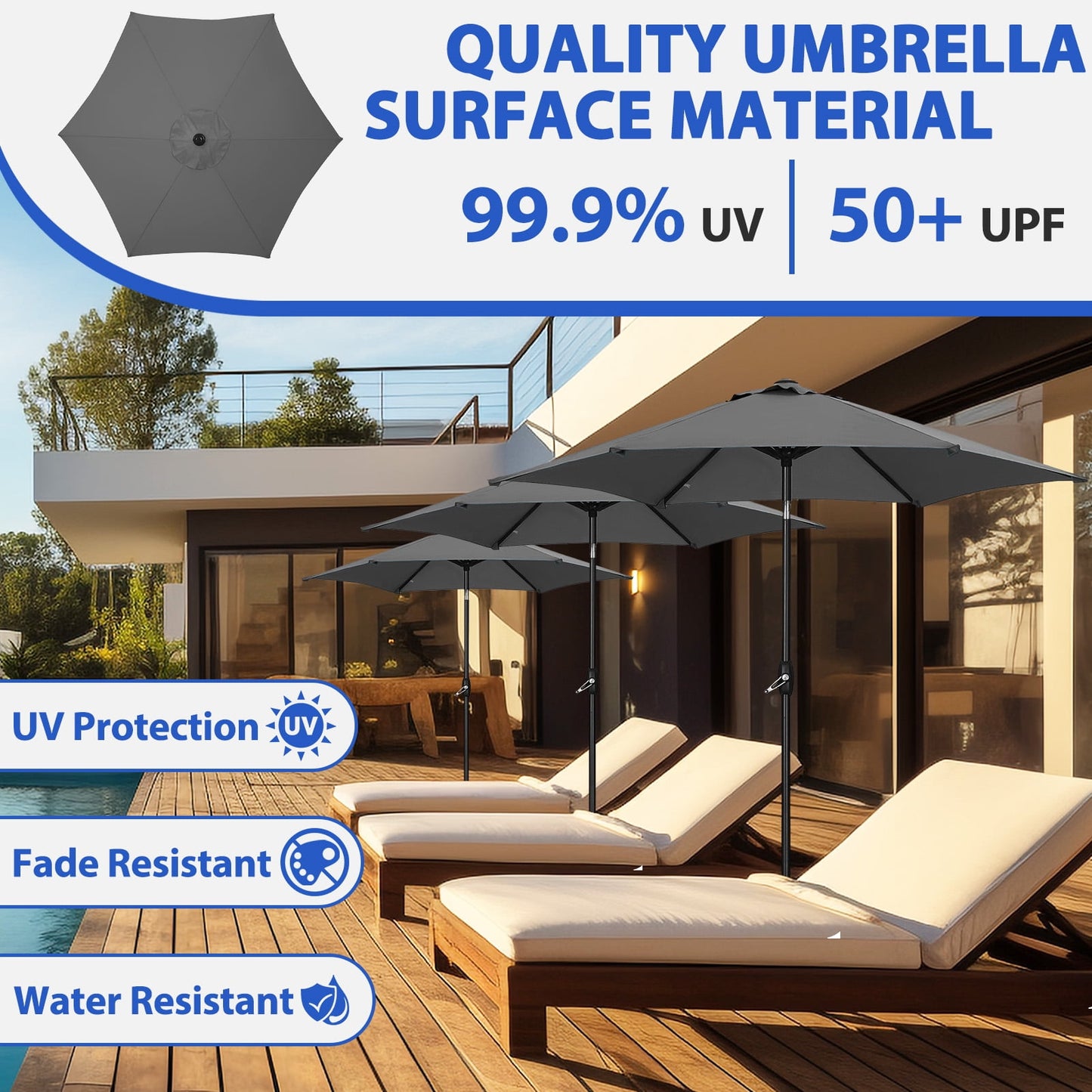 Autlaycil 9ft Patio Umbrella with Tilt and Crank, Adjustable Outdoor Market Umbrellas, 6 Sturdy Ribs UV Protection Water Resistance for Garden, Deck, Backyard, Pool (Grey)