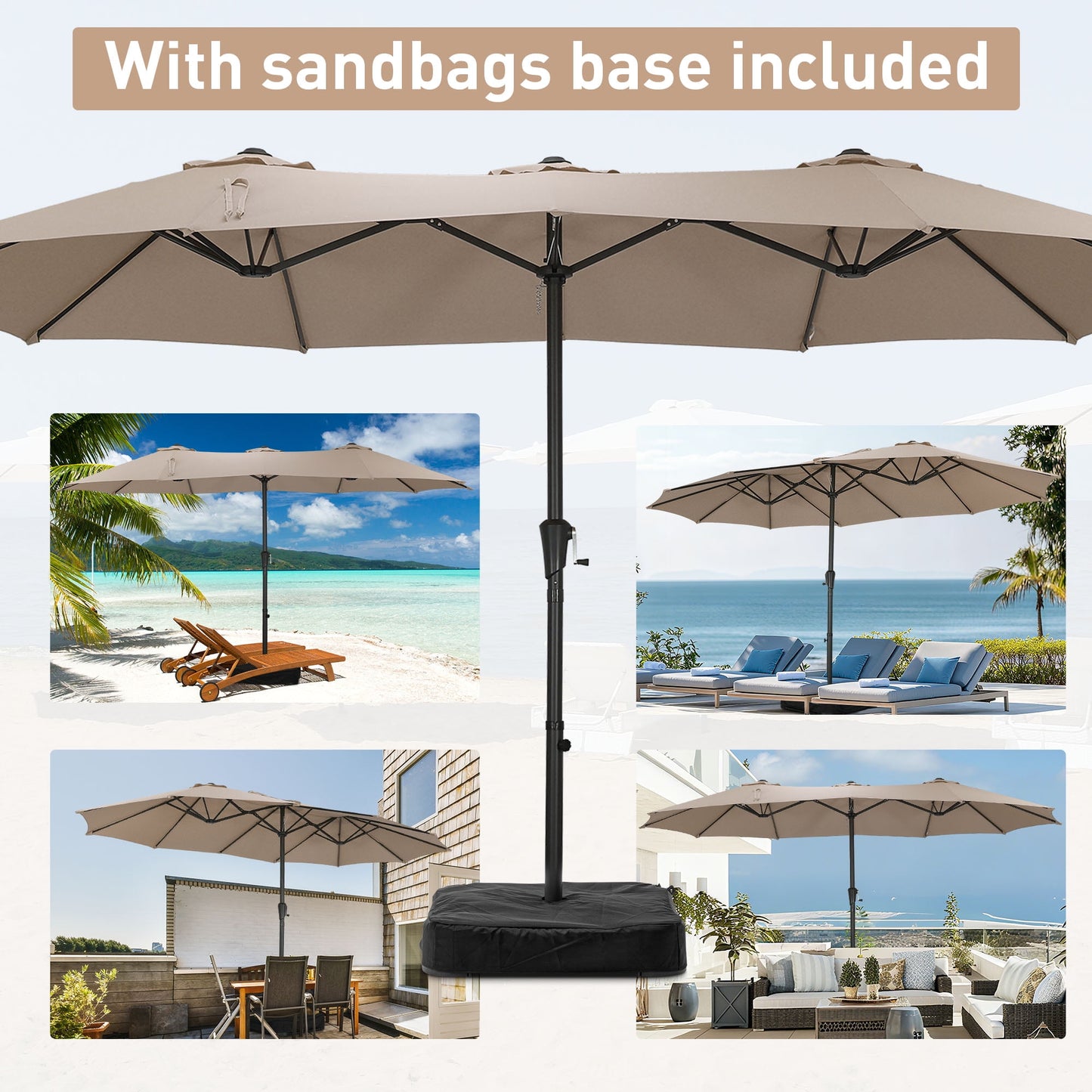 Autlaycil 15 ft Rectangle Patio Umbrella with Umbrella Base, Crank, Outdoor Market Umbrella (Khaki)