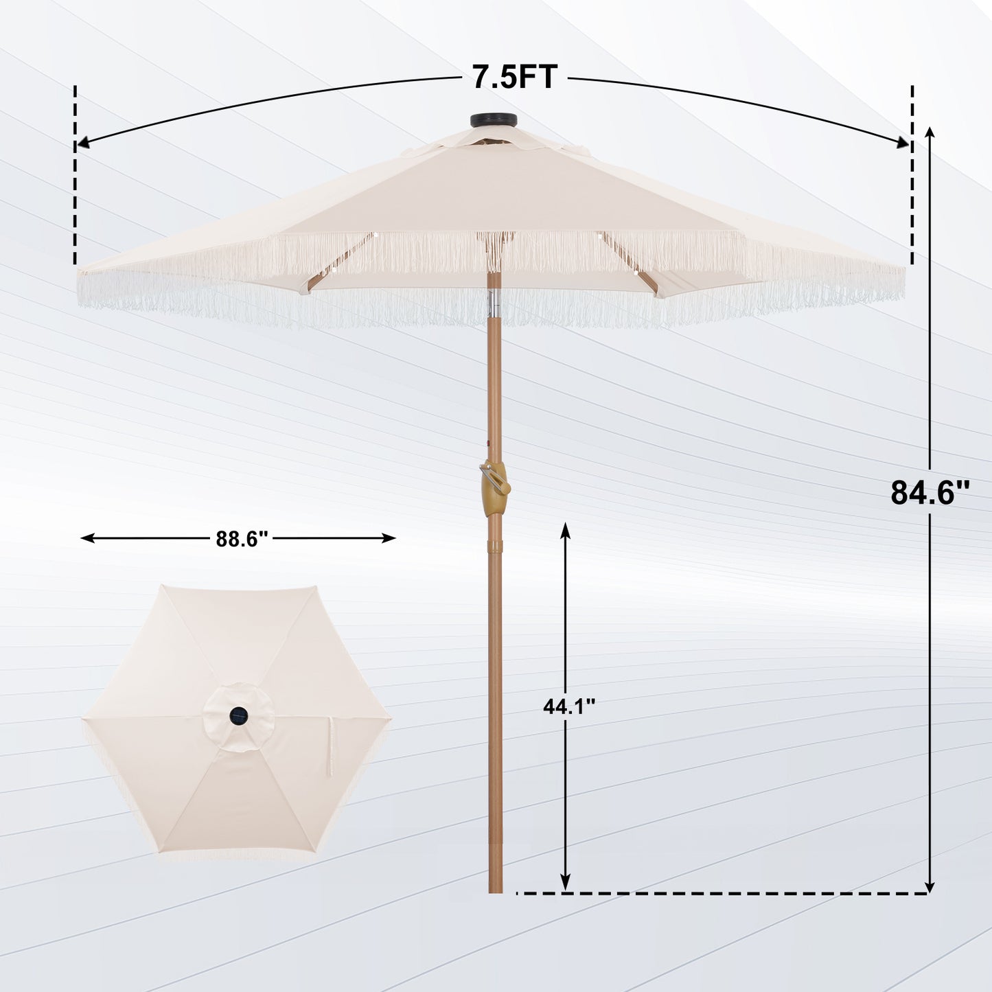 Autlaycil 7.5 ft Patio Umbrella with Tassel Fringe Stylish and 18 LED Lights Solar Umbrella - Beige