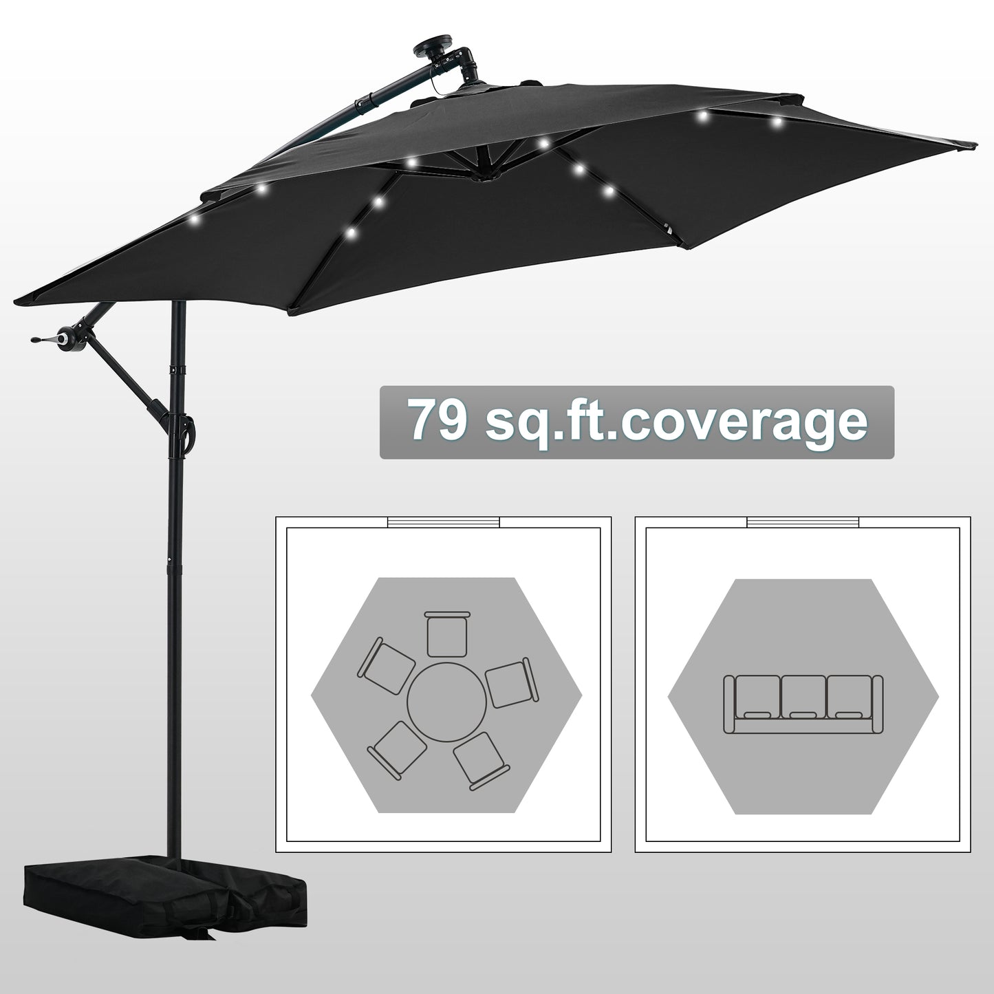 Autlaycil 10 ft Cantilever Offset Outdoor Patio Umbrella with Base Stand Rotate and Tilt,24 Solar LED Lights, Black