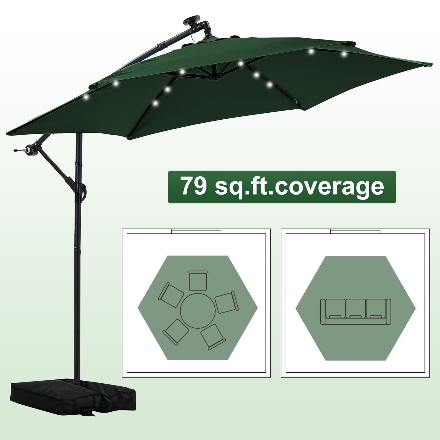 Autlaycil 10 ft Cantilever Offset Outdoor Patio Umbrella with Base Stand Rotate and Tilt,24 Solar LED Lights, Green