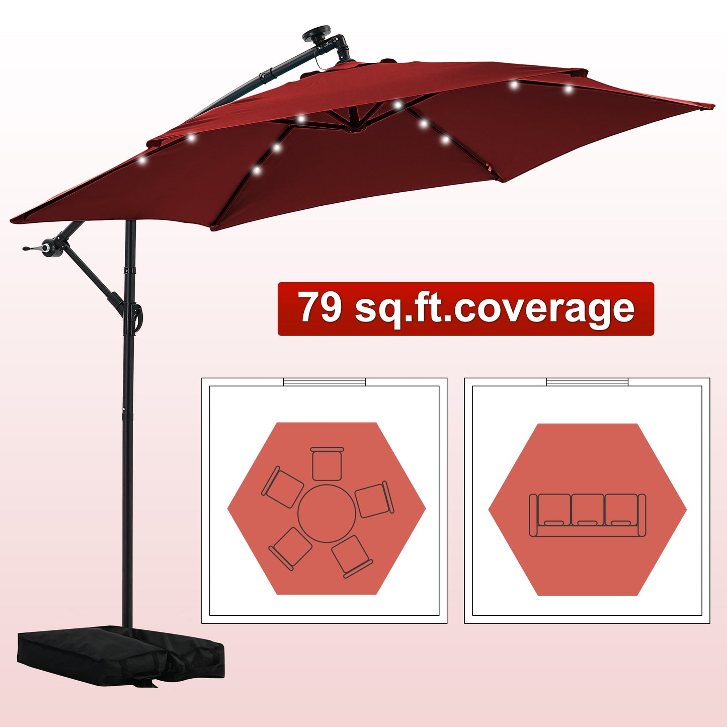 Autlaycil 10 ft Cantilever Offset Outdoor Patio Umbrella with Base Stand Rotate and Tilt,24 Solar LED Lights, Red