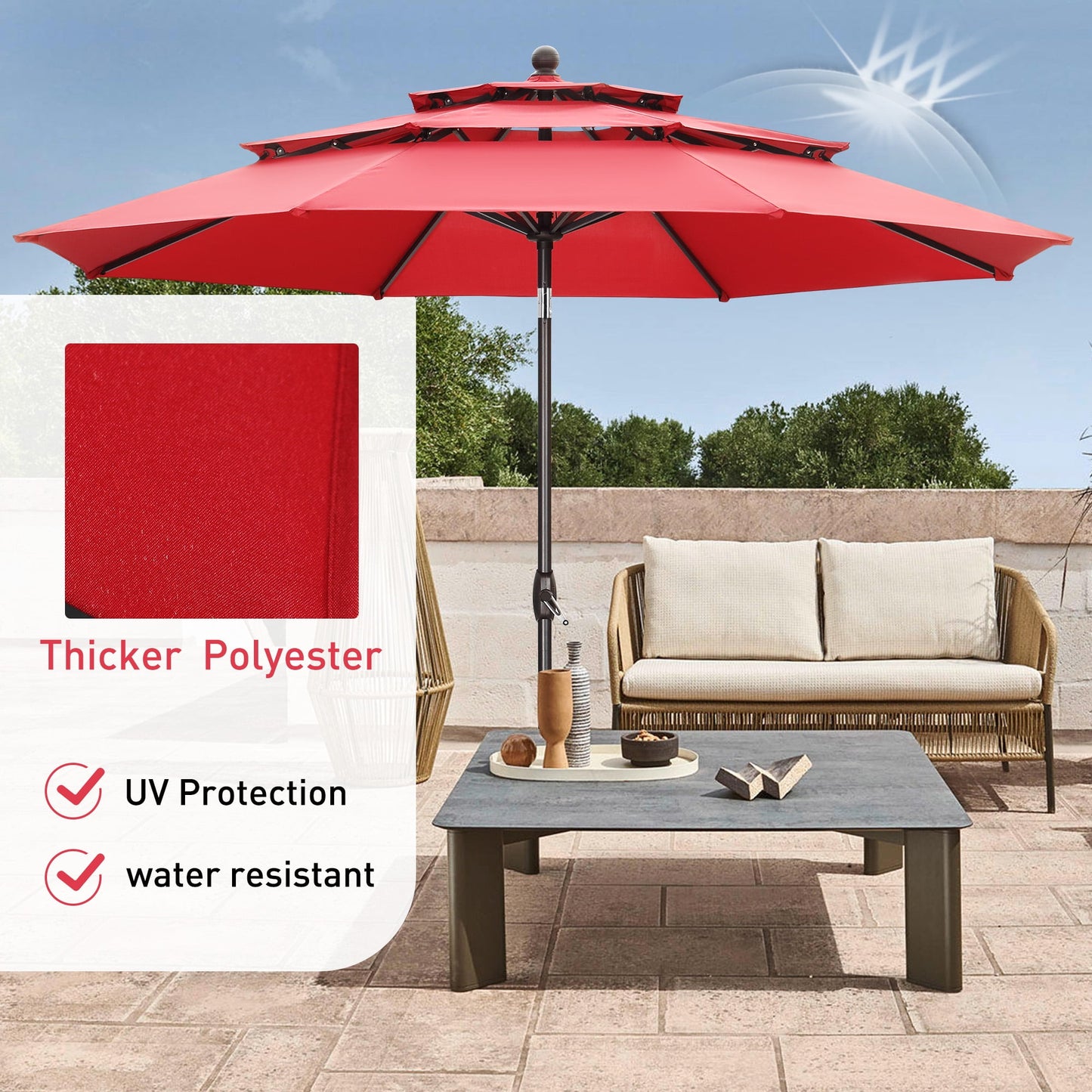 Autlaycil 10 ft Patio Umbrella with Base 3 Tiers Adjustable Outdoor Market Umbrella with Crank for Beach Pool (Red)