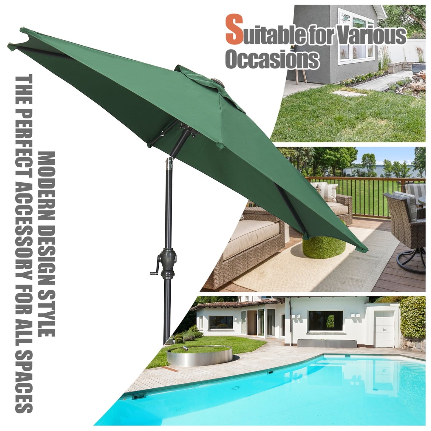 Autlaycil 9ft Outdoor Patio Umbrella 6 Ribs with Tilt and Crank Patio Table Umbrella, Green