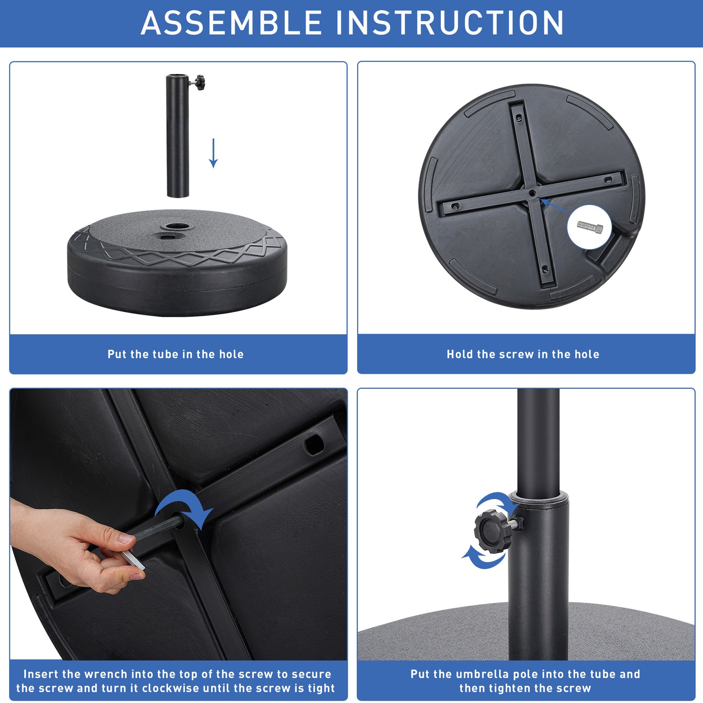 Autlaycil Heavy Duty 30L Round 22" Water Filled Patio Outdoor Umbrella Base Stand Weight with Steel Umbrella Holder Suit for Diameter 1.5-1.9 in Umbrella Pole (Black)