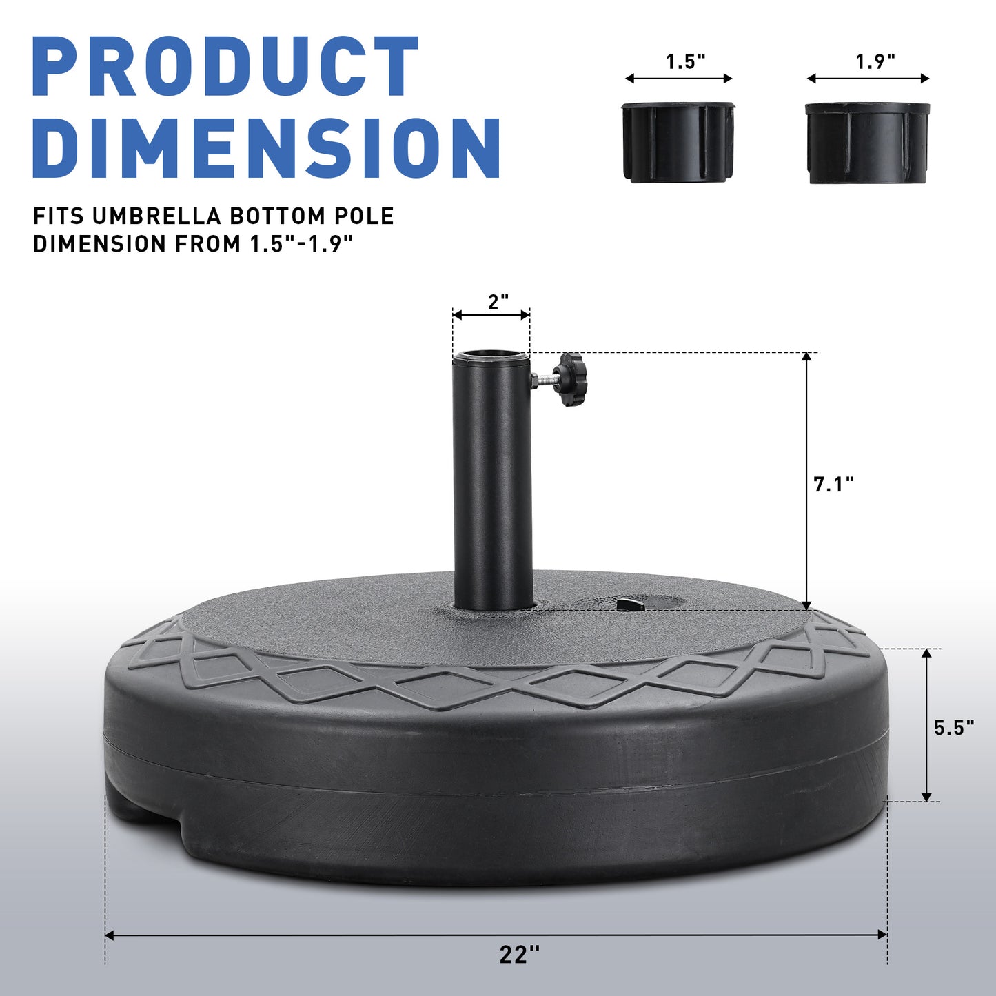 Autlaycil Heavy Duty 30L Round 22" Water Filled Patio Outdoor Umbrella Base Stand Weight with Steel Umbrella Holder Suit for Diameter 1.5-1.9 in Umbrella Pole (Black)