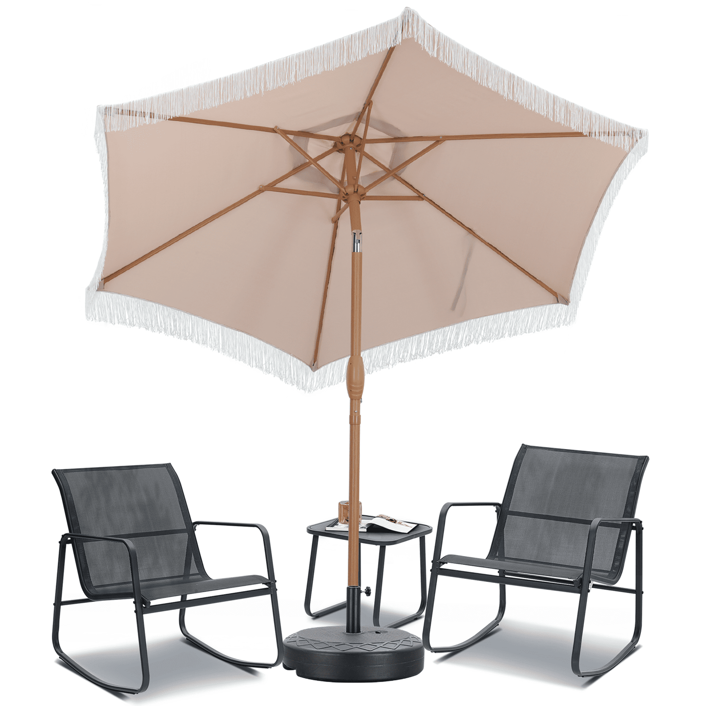 Autlaycil 5 Pcs Patio Outdoor Furniture Sets Contains 2 Textilene Fabric Rocking Bistro Chairs, a Table, a 7.5 ft Fringe Patio Umbrella with Button Tilt and a Umbrella Base, Khaki